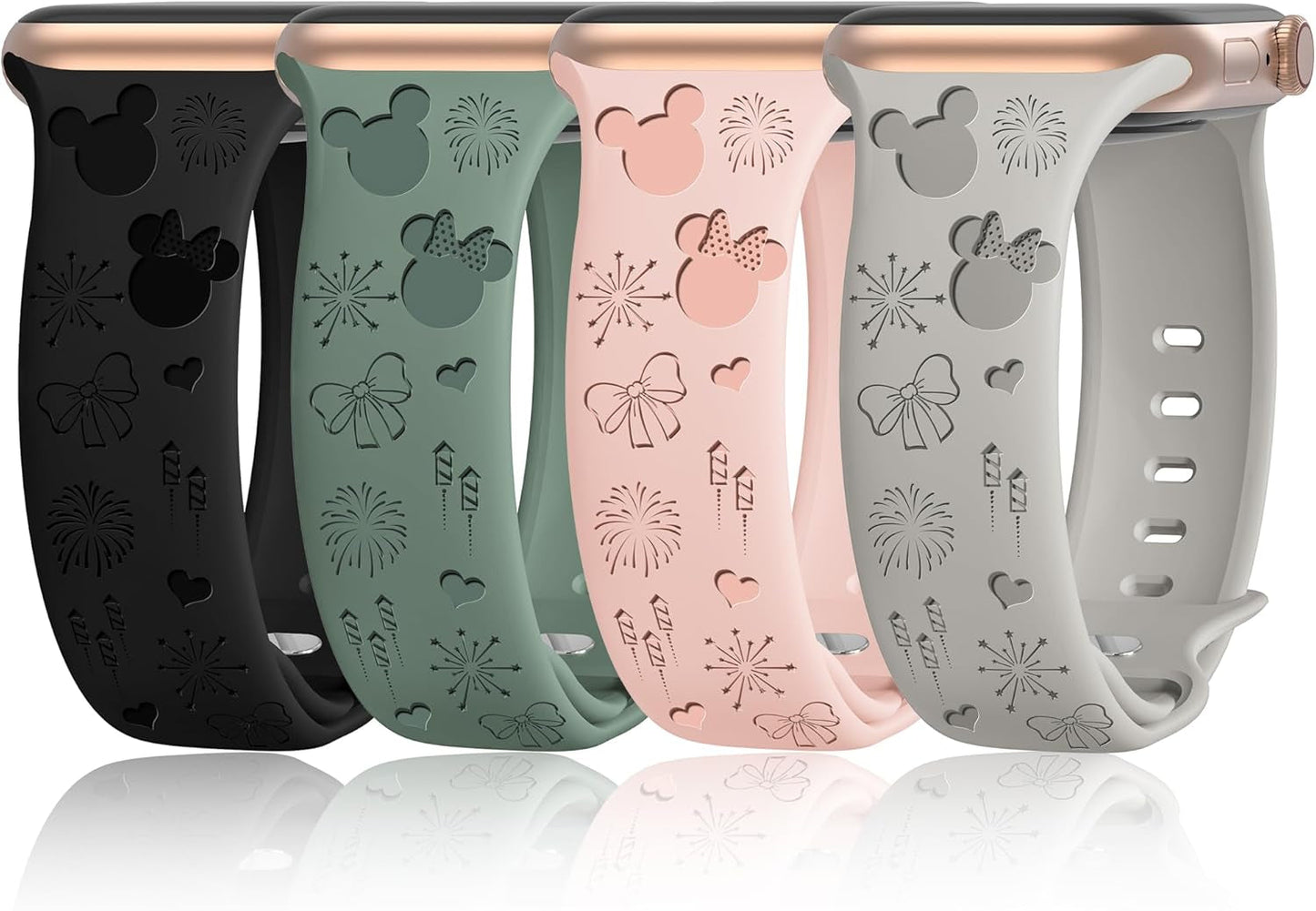 4 Pack Cartoon Engraved Bands Compatible with Apple Watch Band 40Mm 41Mm 38Mm 42Mm 44Mm 45Mm 49Mm Women,Soft Silicone Cute Designer Strap for Iwatch Bands Series SE 8 6 5 4 3 2 1 Ultra