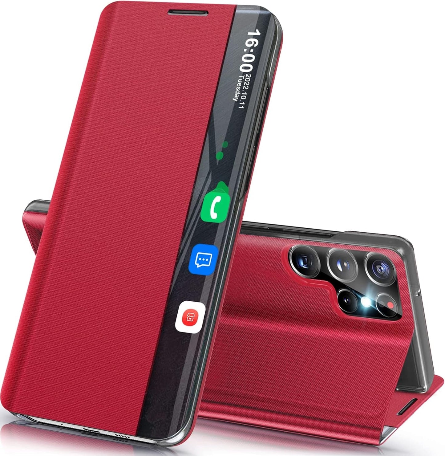 For Samsung Galaxy S22 Ultra 5G Case View Clear Window Leather for Samsung S22 Ultra Case Slim Mirror Hard PC Kickstand Luxury Flip Shockproof Galaxy S22 Ultra Cover Protective (Pink)