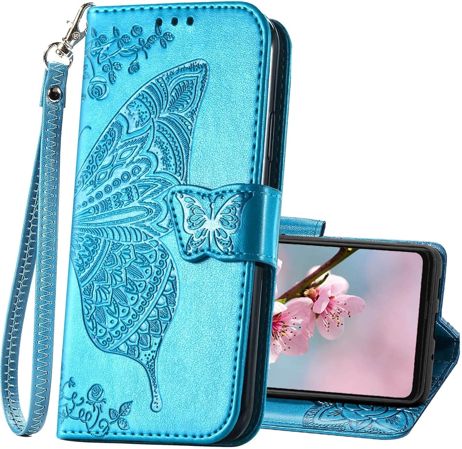 For Samsung Galaxy A53 5G Case Wallet,Women Flip Folio Cover with Butterfly Embossed PU Leather Credit Card Holder Slots Magnetic Wrist Strap Purse for Samsung A53 5G (Black)