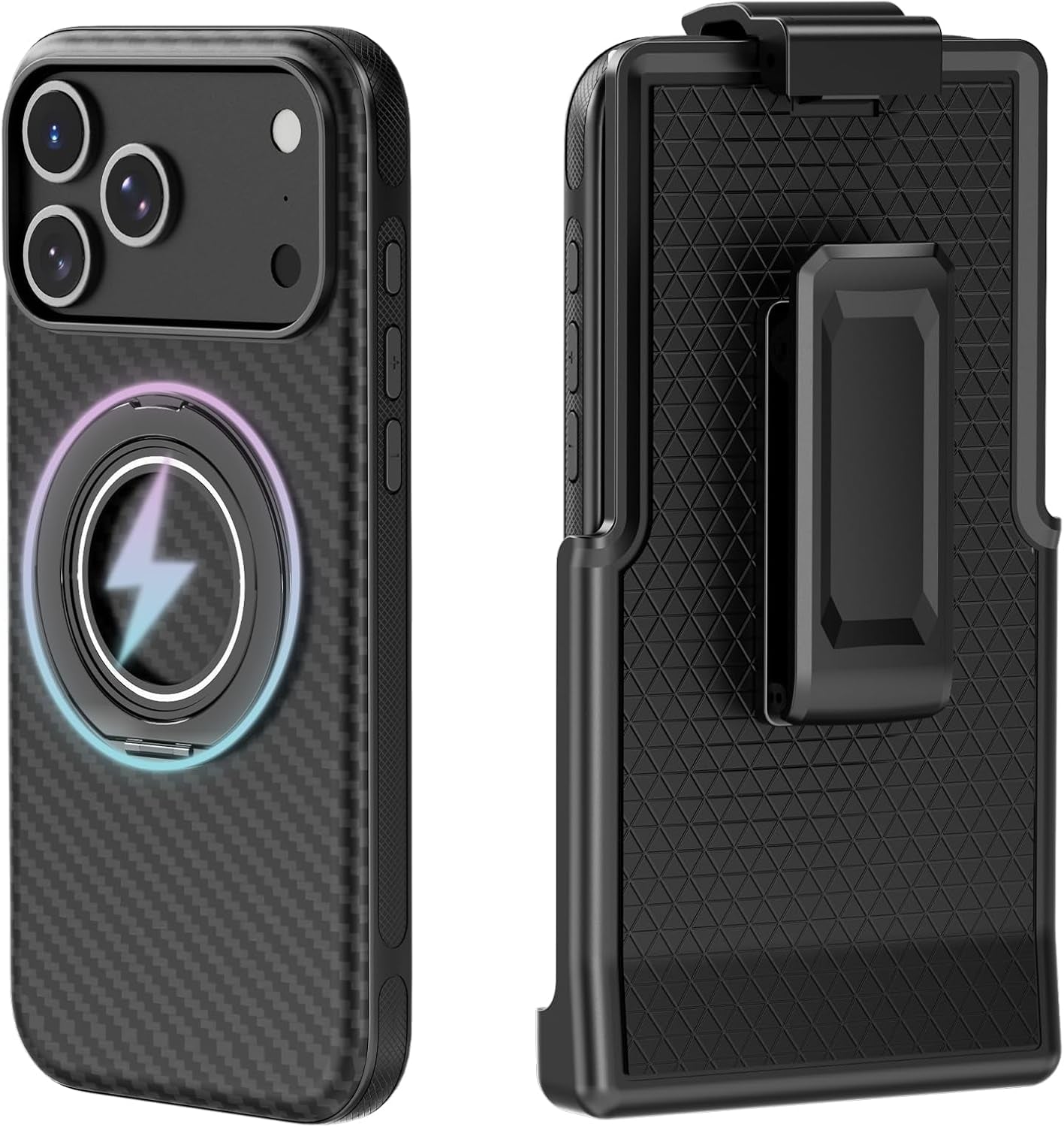 For Iphone 17 Pro Max Case with Belt Clip Holster, Carbon Fiber Design for 17 Pro Max Case[Compatible with Magsafe],Anti-Drop,With 360°Rotating Kickstand(For Iphone17Promax Regular Holster)