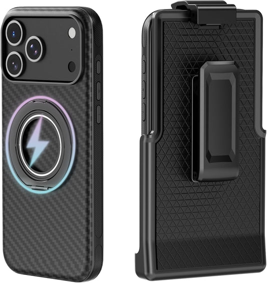 For Iphone 17 Pro Max Case with Belt Clip Holster, Carbon Fiber Design for 17 Pro Max Case[Compatible with Magsafe],Anti-Drop,With 360°Rotating Kickstand(For Iphone17Promax Regular Holster)