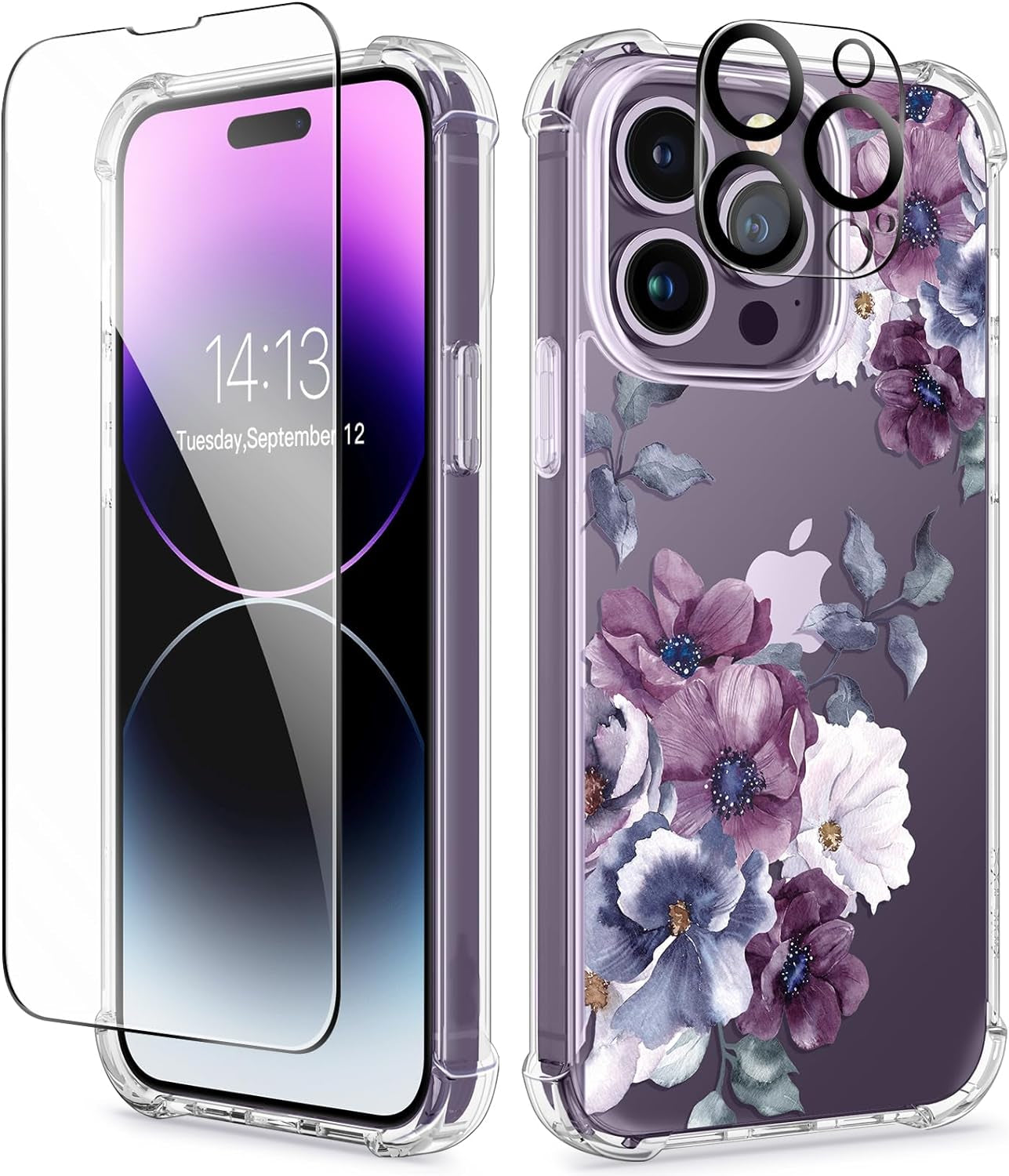 GVIEWIN for Iphone 14 Pro Case with Screen Protector & Camera Lens Protector, Floral Slim Shockproof Protective Hard PC+TPU Bumper Flower Women Phone Cover for 14 Pro, 6.1"(Aster/Purple)  GVIEWIN   