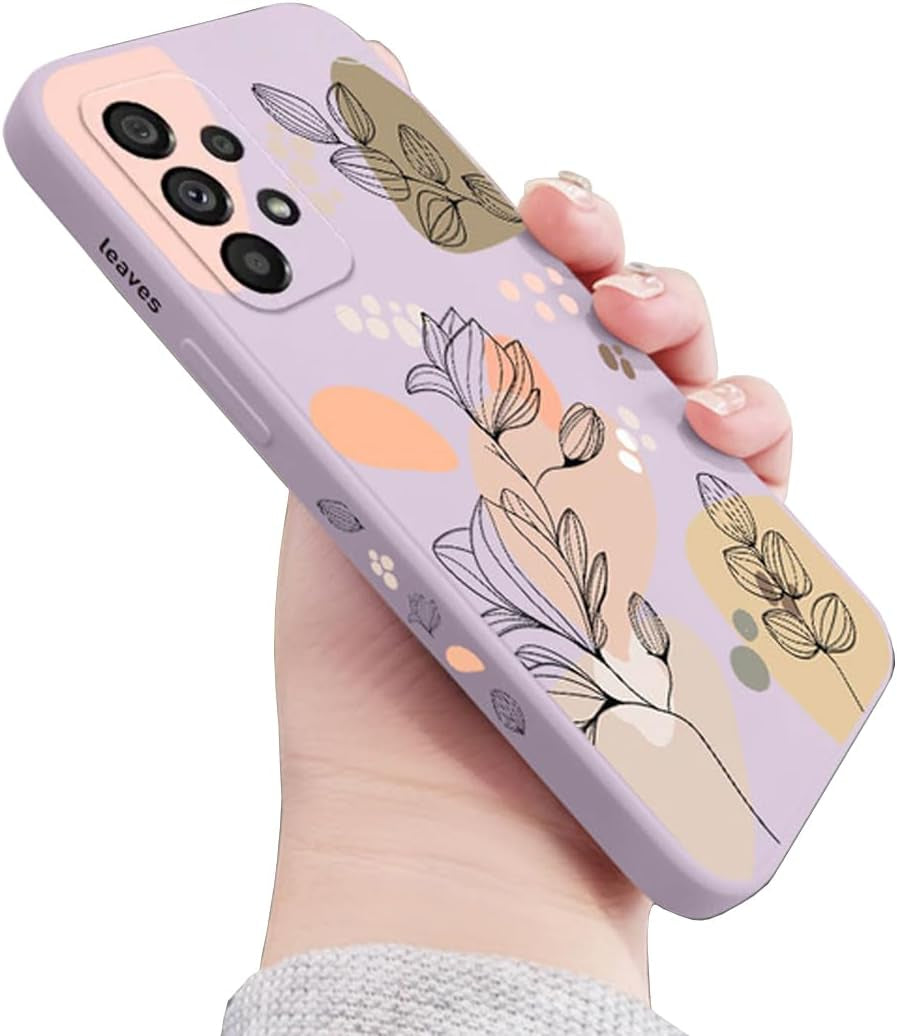 For Galaxy A53 5G Case for Women Girls Cute Plants Leaf Camera Lens Protector Soft TPU Bumper Slim Liquid Silicon Rubber Shockproof Protective Cover Phone Case for Samsung Galaxy A53 5G-Purple
