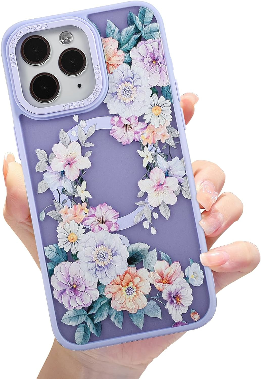 Eiyikof Compatible with Iphone 15 Pro Magnetic Matte Translucent Case [Luxury Shockproof Magsafe Case] [Cute Flower Pattern Hard Back Cover] Iphone 15 Pro Case for Women Girls-Purple Floral  Eiyikof   