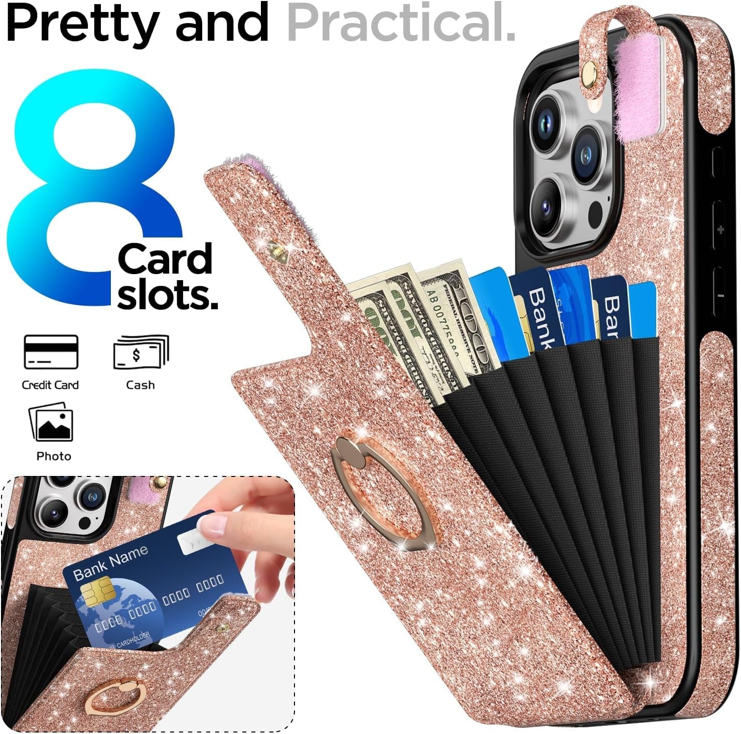 Aicase Card Holder Case Compatible with Iphone 15 Pro Max, Wallet Phone Case Glitter Sparkly Protective Cover for Women with Ring Kickstand and 8 Credit Card Slots, Rose Gold  AICase   
