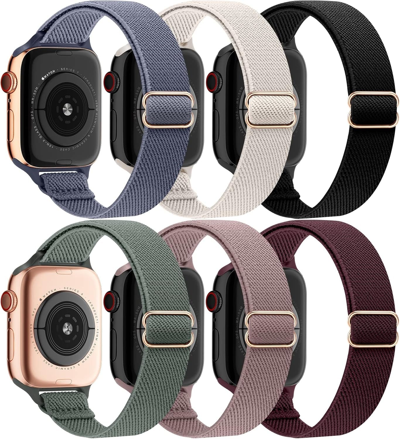EOMTAM 6 Pack Slim Stretchy Compatible for Apple Watch Band 38Mm 40Mm 41Mm 42Mm 44Mm 45Mm Women,Lady Nylon Thin Elastics Wristbands Solo Loop Straps for Iwatch Series 8 7 6 SE 5 4 3
