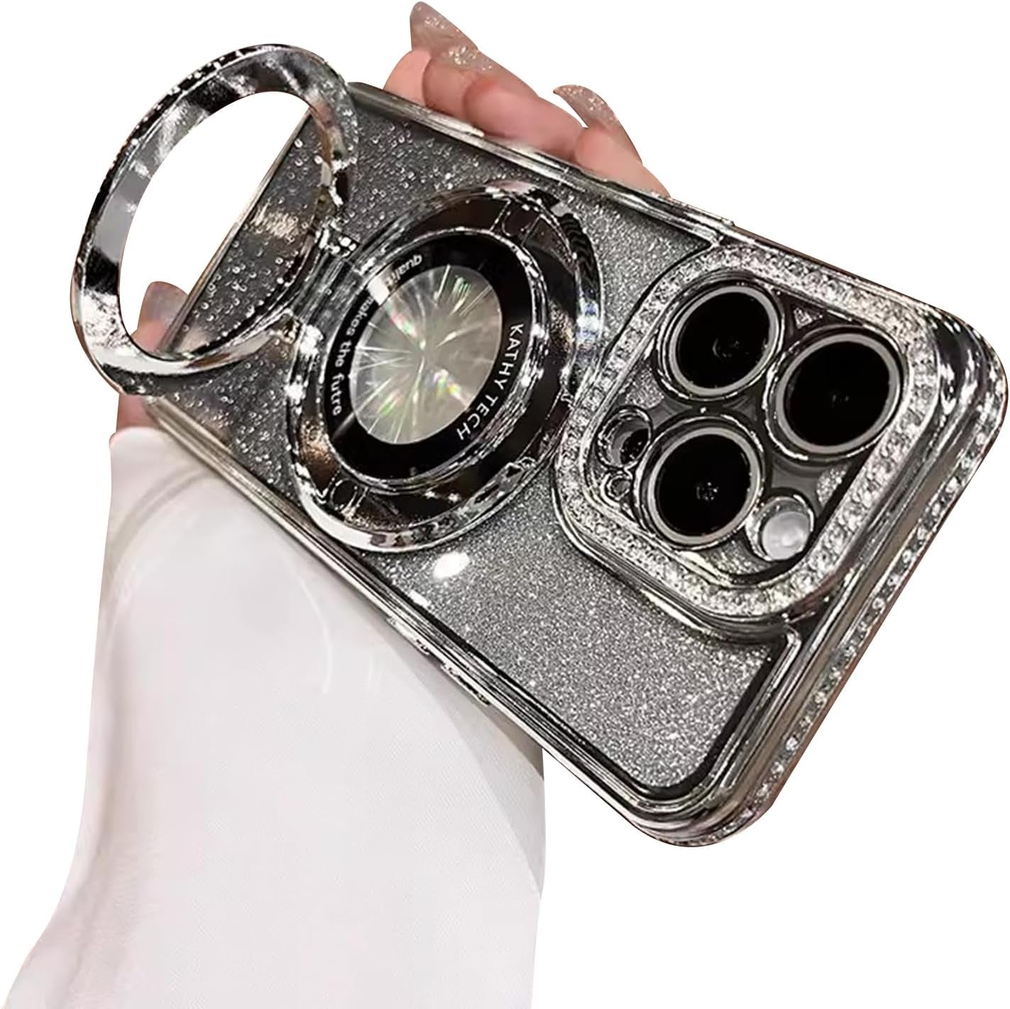 Fycyko Magnetic Case for Iphone 15 Pro Max with Holder Stand,Rhinestone Glitter Plated Bling Luxury Phone Case（Compatible with Magsafe） Shockproof Kickstand Design for Iphone 15 Pro Max-Pink  Fycyko Silver Iphone 15 Pro Max 