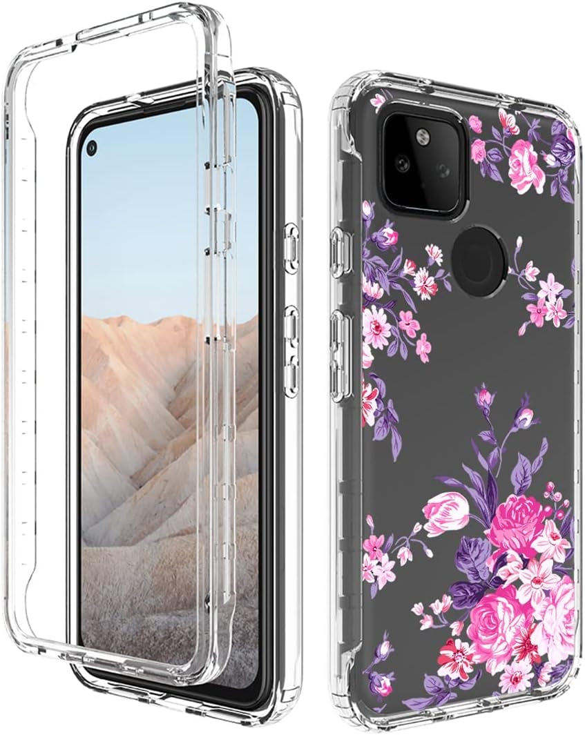 Case for Google Pixel 5A 5G Case with Tempered Glass Screen Protector, Full Body Shockproof Clear Floral Soft TPU Slim Phone Protective Armor Cover for Google Pixel 5A 5G (Rose Flower)  Sidande   