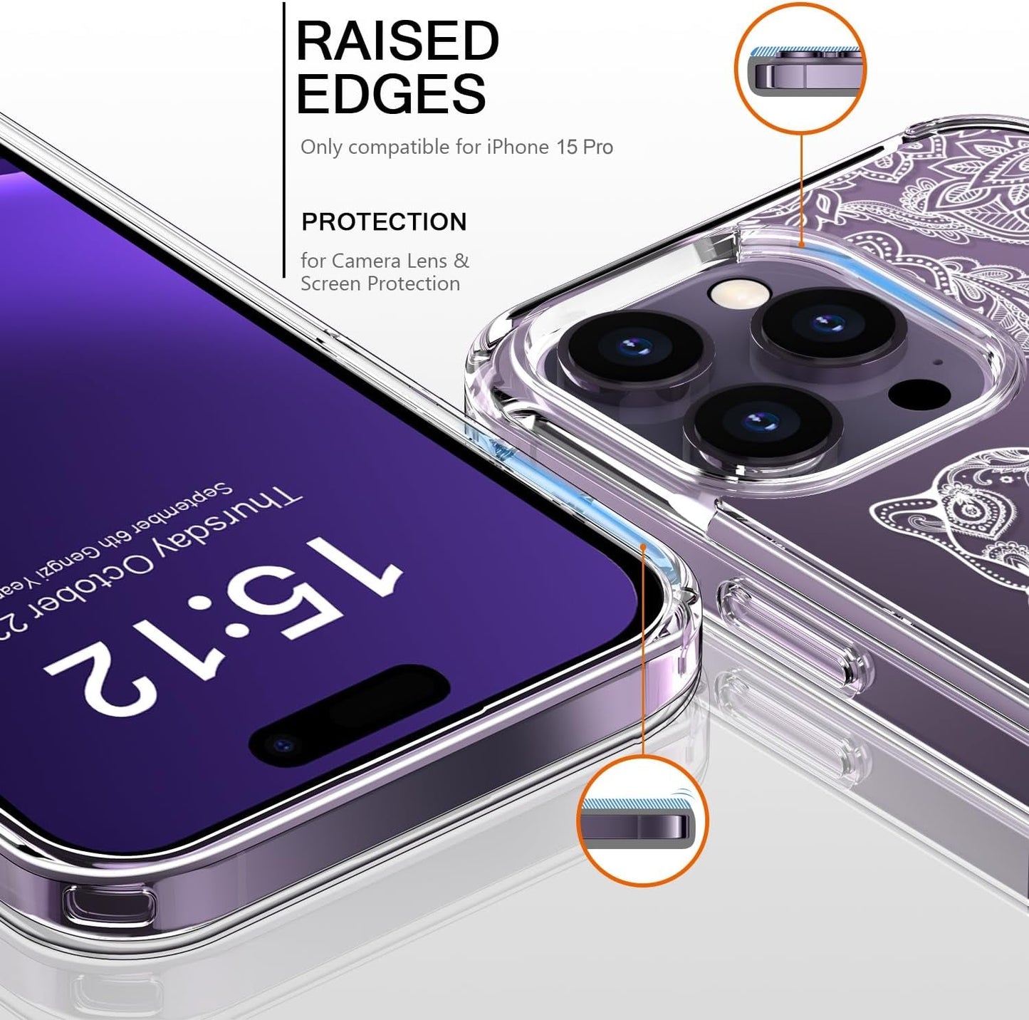 Bicol Compatible with Iphone 15 Pro Case,Crystal Clear Cover with Fashionable Designs for Girls Women,Slim Fit Shockproof Protective Acrylic Phone Case 6.1 Inch,Beautiful Elephant  bicol   