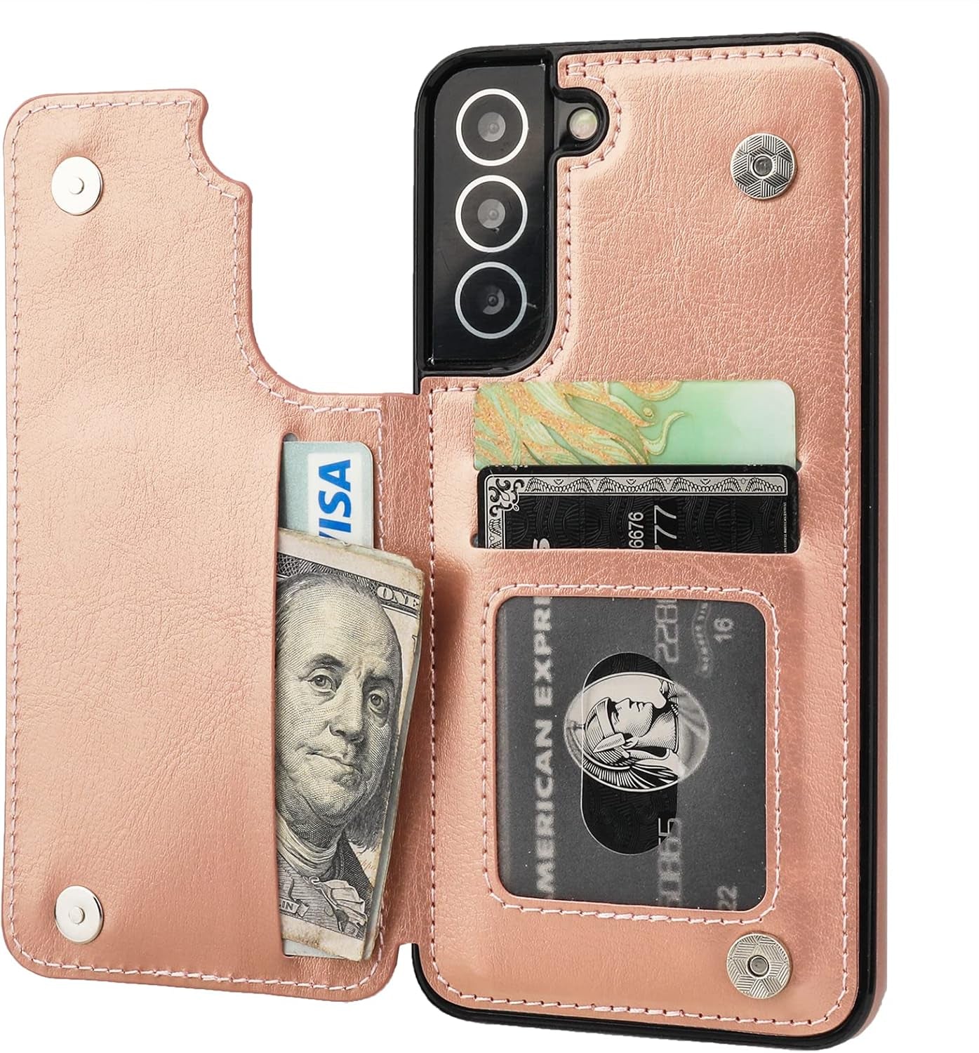 Compatible with Samsung Galaxy S22 plus Wallet Case with Card Holder, PU Leather Kickstand Card Slots Case, Double Magnetic Clasp and Durable Shockproof Cover 5G 6.6 Inch(Rose Gold)