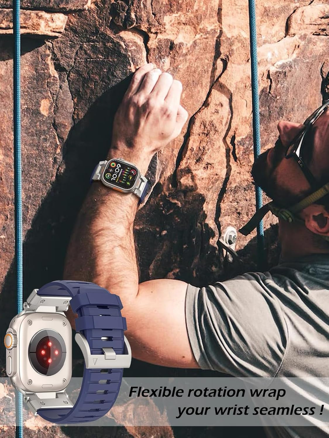 Fluororubber Sport Watch Band Compatible with Apple Watch Ultra 2/Ultra Band 49Mm 45Mm 44Mm 42Mm for Men, Rugged Strap with Stainless Steel Metal Connector for Watch Ultra Series SE 9 8 7 6 5 4 3