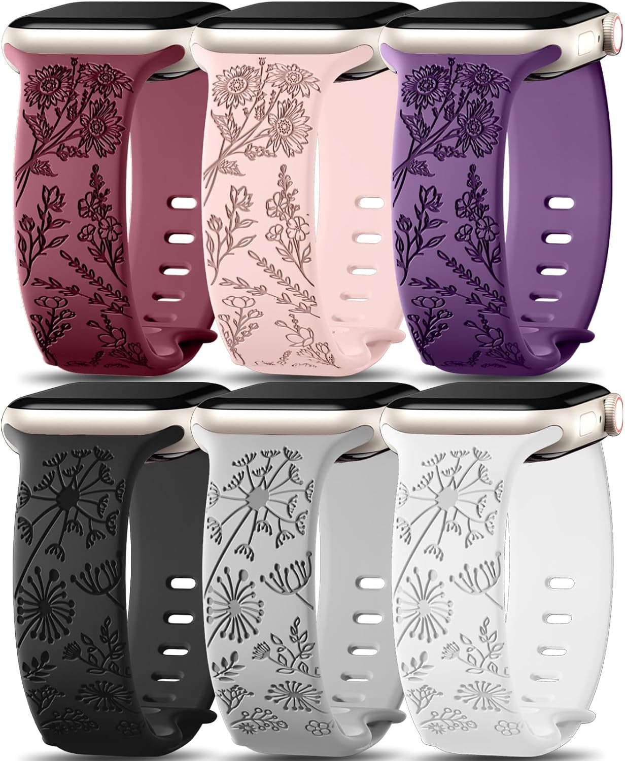 6 Pack Flower Engraved Bands Compatible for Apple Watch Band 40Mm 41Mm 38Mm 42Mm 44Mm 45Mm 49Mm Women,Soft Silicone Cute Wildflowers Sport Laser Strap for Iwatch Bands Series 9 Ultra SE 8 6 5 4 3 2 1