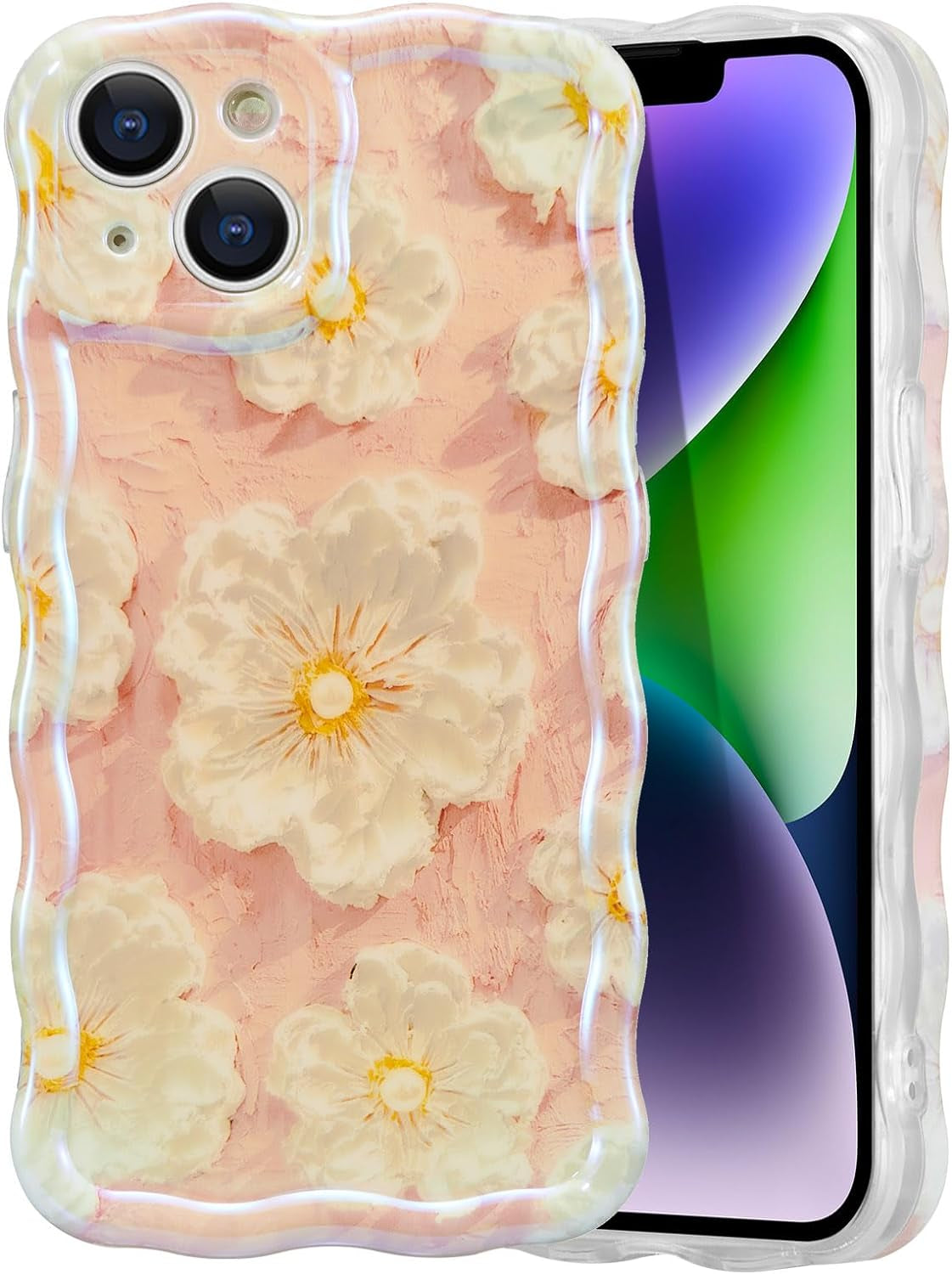 EYZUTAK Case for Iphone 14 Pro, Colorful Retro Oil Painting Flower Leaf Laser Glossy Pattern Cute Curly Wave Edge Exquisite Phone Cover Stylish Durable TPU Protective Case for Girls Women - Blue Green  EYZUTAK   