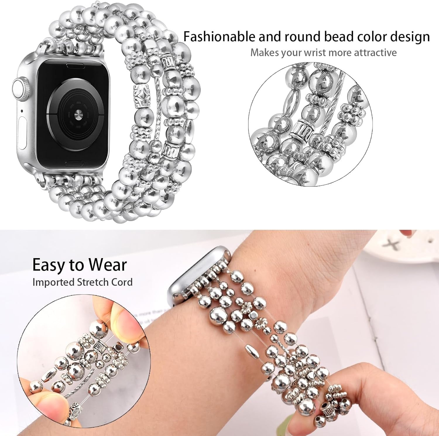 Beaded Bracelet Compatible for Apple Watch Band 40Mm/38Mm/41Mm 42Mm/44Mm/45Mm Series 9 8 7 SE Series 6/5/4Women,Fashion Elastic Beads Stretch Strap Replacement for Iwatch Bands Series 3/2/1