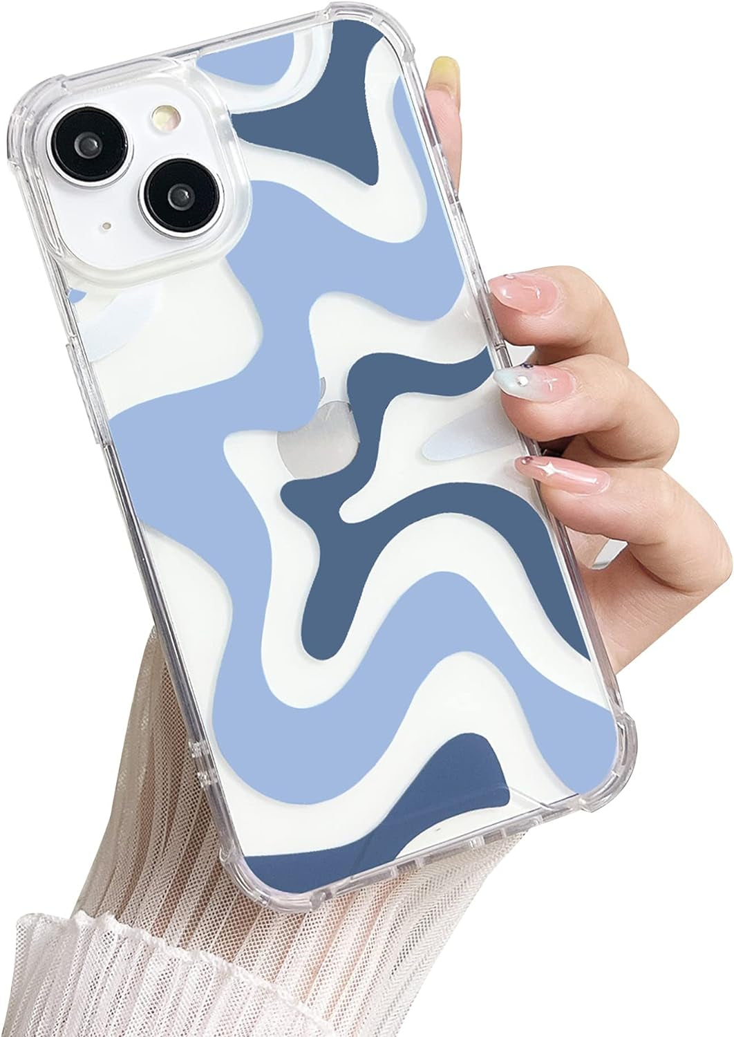 Ginkgonut Compatible with Iphone 14 Pro Case, Fashion Simple Cute Wavy Pattern Case for Women Girls Soft Tpu+Hard PC Protection Case for Iphone 14 Pro-Blue  Ginkgonut Blue Iphone 15 