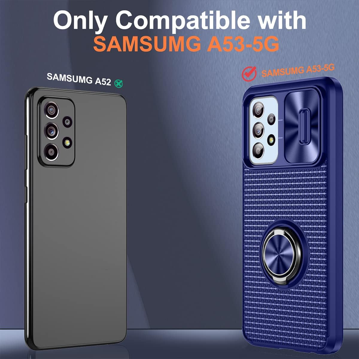 Design for Samsung Galaxy A53 5G Phone Case with Screen Protector + Slide Camera Protection Cover + Ring Holder Stand, Built-In Magnetic Kickstand Shockproof Protective Phone Cases for Women Men Blue