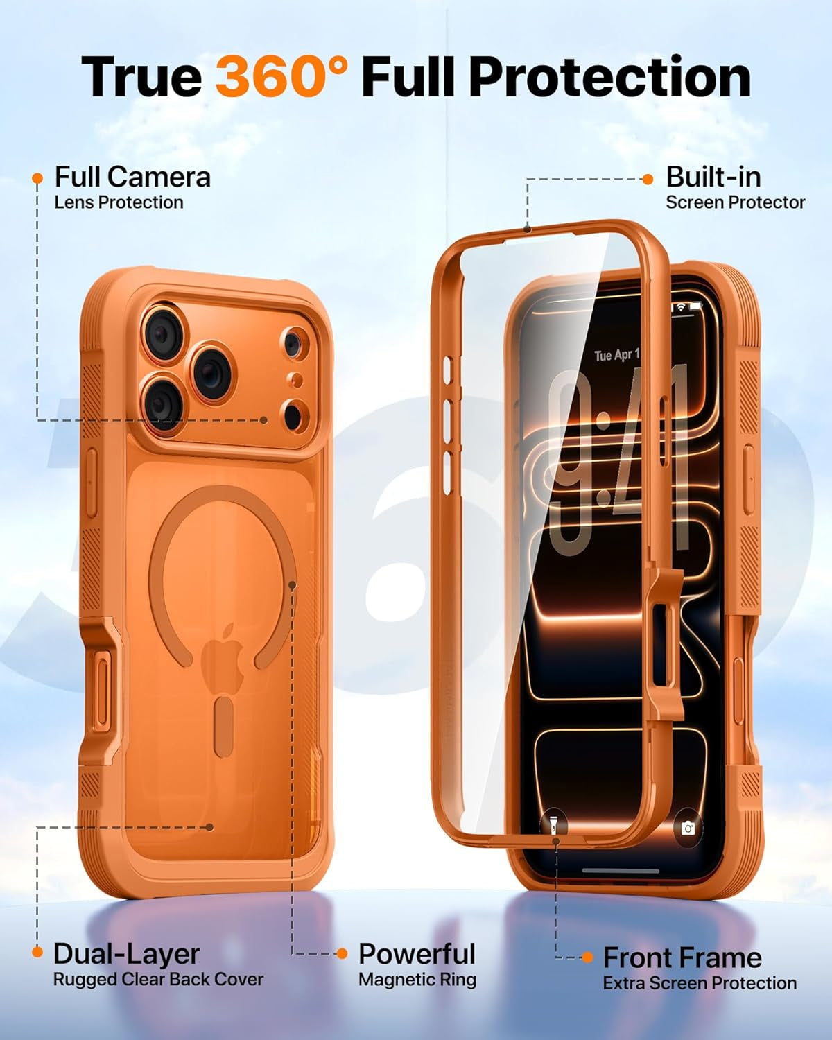 Diaclara Magnetic Designed for Iphone 17 Pro Max Case Full Body Bumper,[Compatible with Magsafe] Military Drop Proof Cover with Built-In Touch Sensitive Anti-Scratch Screen Protector,Orange