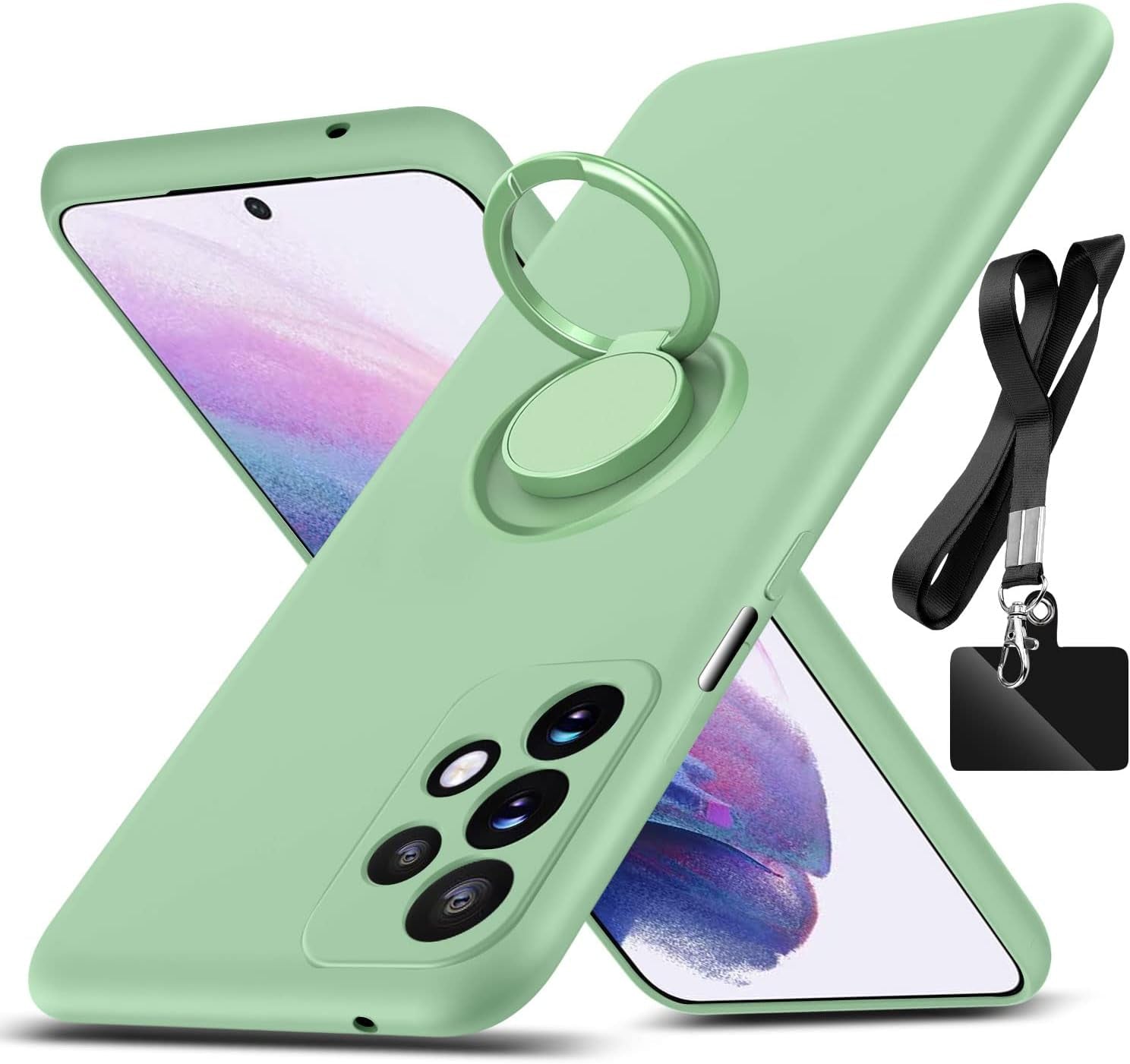 For Samsung Galaxy A53 5G Case,With 360°Rotatable Ring Holder Kickstand & Strap Lanyard Premium Liquid Silicone Slim Shockproof Protective Case for Samsung Galaxy A53 5G,Mint Green