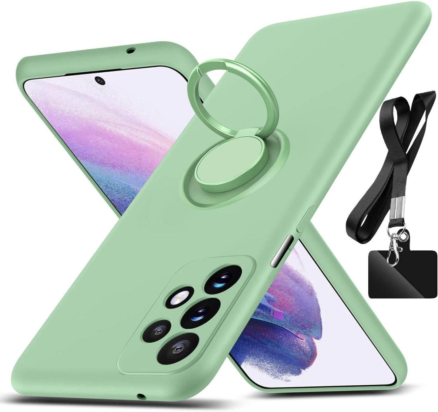 For Samsung Galaxy A53 5G Case,With 360°Rotatable Ring Holder Kickstand & Strap Lanyard Premium Liquid Silicone Slim Shockproof Protective Case for Samsung Galaxy A53 5G,Mint Green