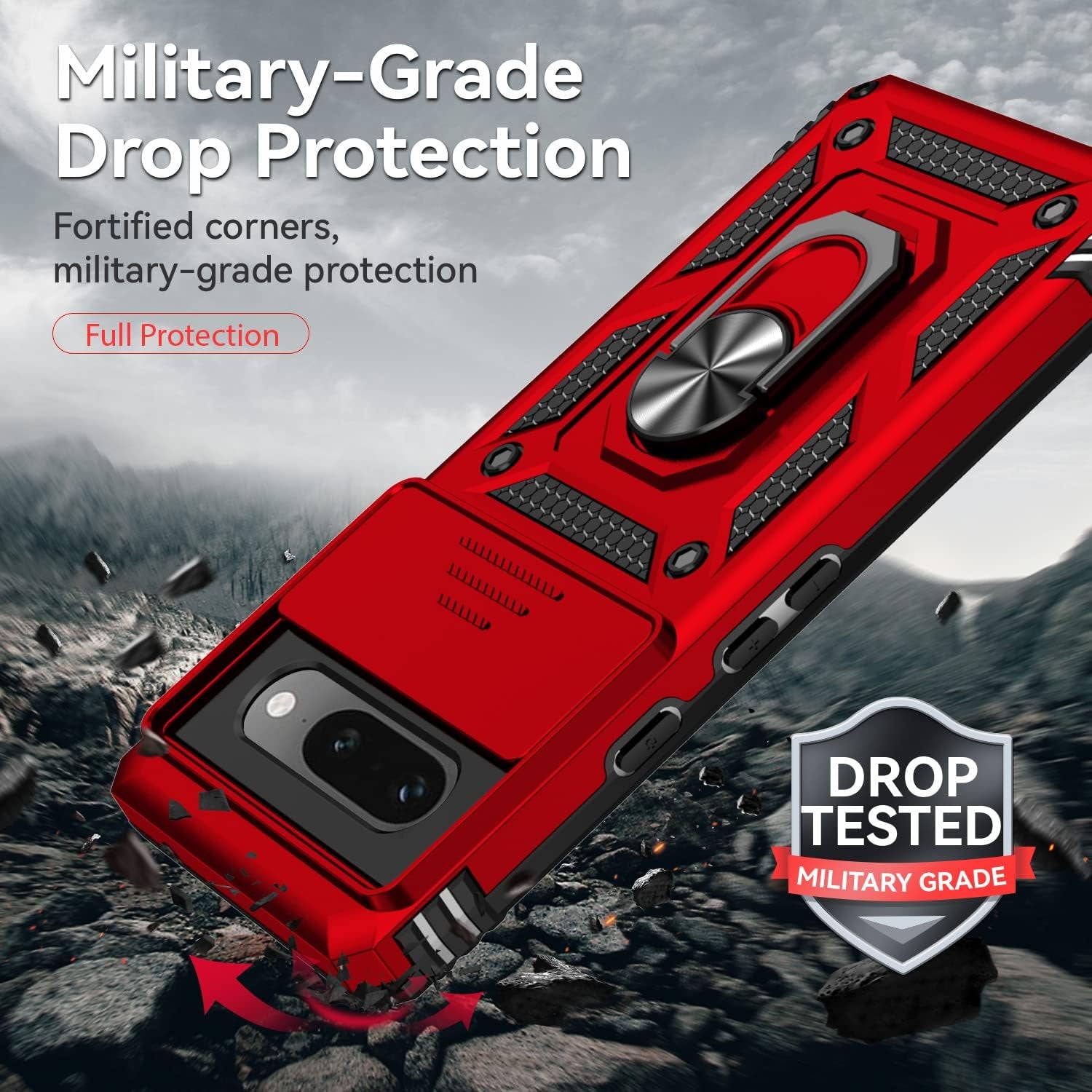 For Google Pixel 7A Case with Slide Camera Cover HD Screen Protector [Military Grade 16Ft. Drop Tested] Magnetic Ring Holder Kickstand Protective Phone Case for Google Pixel 7A, Red  PUSHIMEI Co., Ltd.   