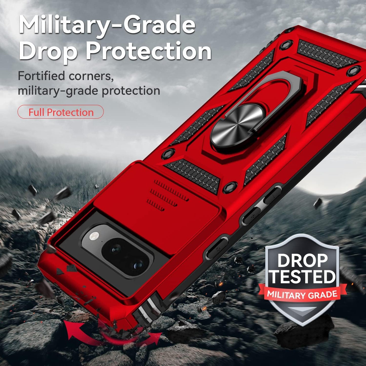 For Google Pixel 7A Case with Slide Camera Cover HD Screen Protector [Military Grade 16Ft. Drop Tested] Magnetic Ring Holder Kickstand Protective Phone Case for Google Pixel 7A, Red  PUSHIMEI Co., Ltd.   