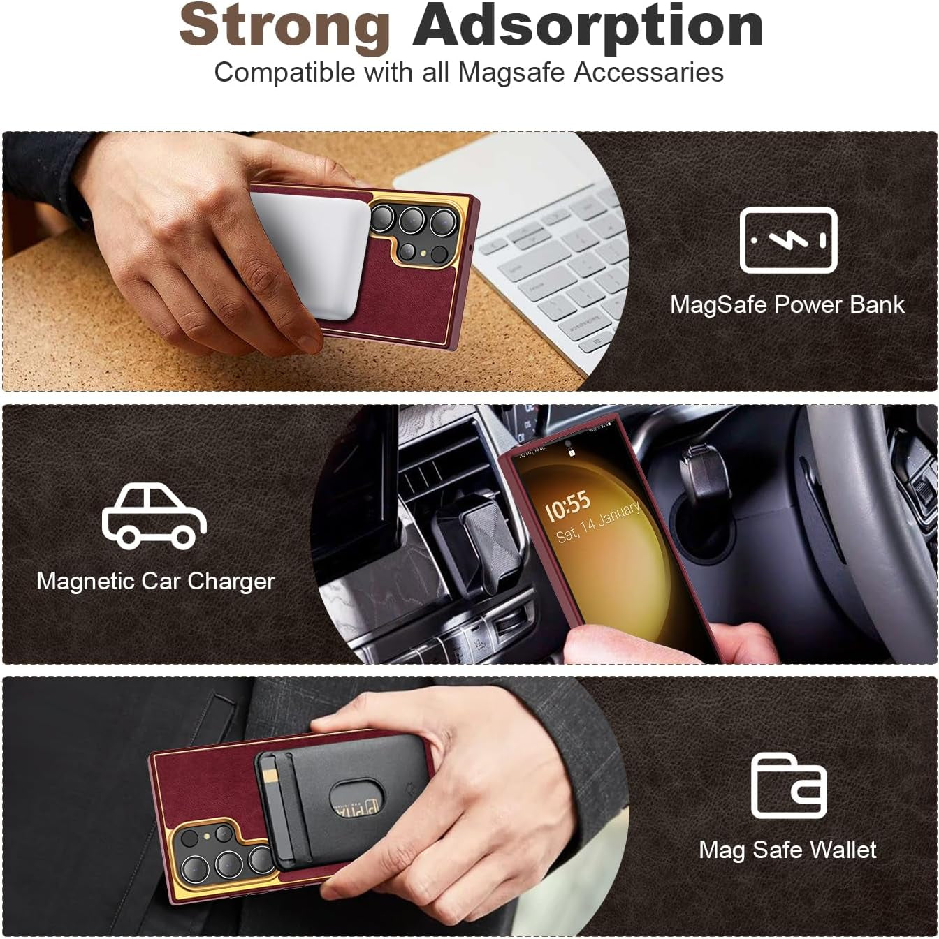 Designed for Samsung Galaxy S22 plus Case with Magnetic O-Ring Stand Leather Luxury Business Phone Cases for S22 plus 6.6" Compatible with Magsafe [Military Grade Protection],Red