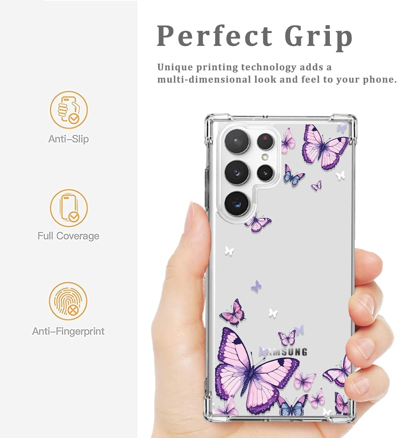 For Samsung Galaxy S22 Ultra Case,Alluring Purple Butterfly Pattern anti Yellowing Slim Hard Cases,Hard PC + TPU Bumper Clear Shockproof Protective Women Phone Cover - Purple