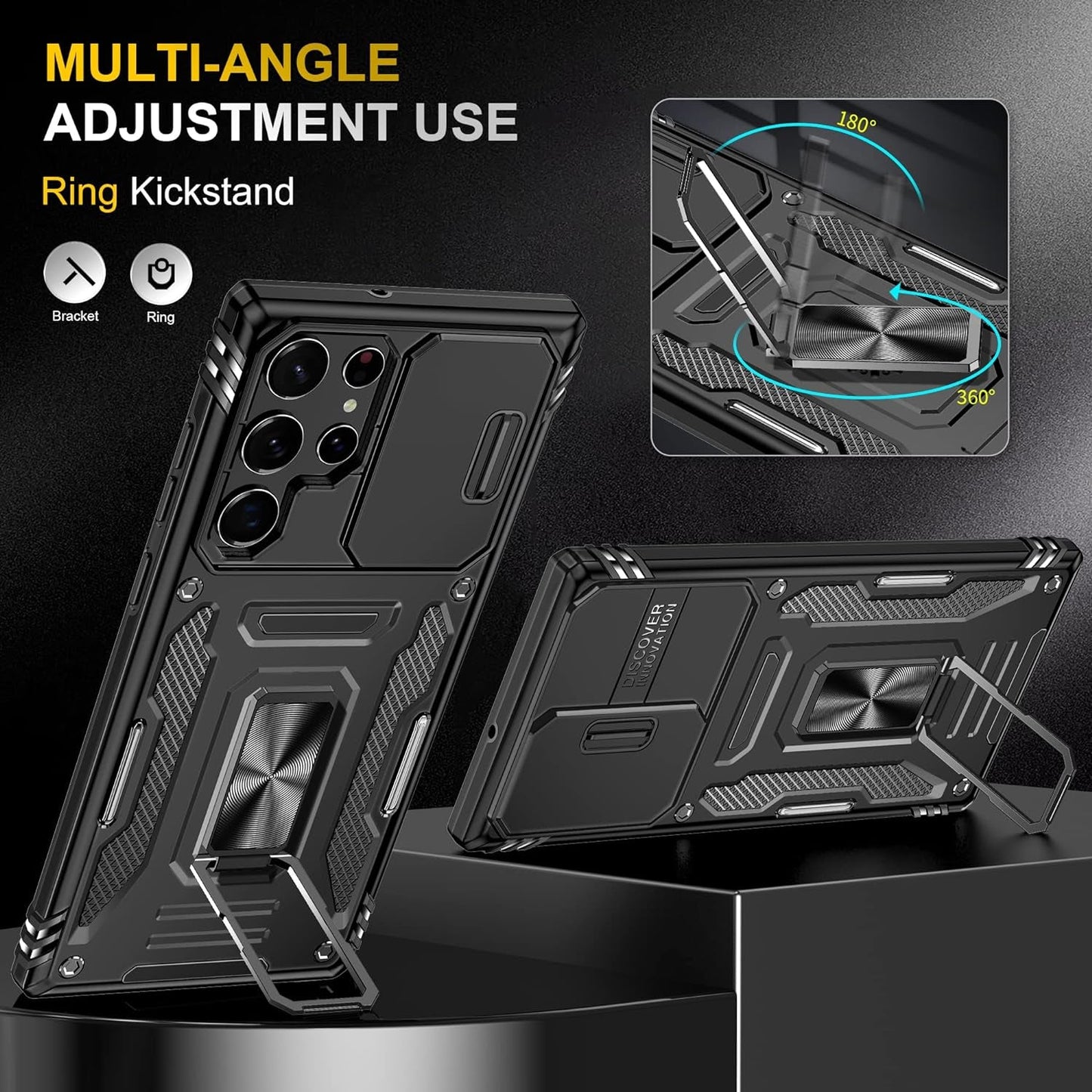 Design for Samsung Galaxy S22 Ultra Case with Stand & Camera Cover, Military Grade Drop Protective Case Built-In 180°+360° Rotate Ring Kickstand,Shockproof Phone Case for Samsung S22 Ultra Case Black