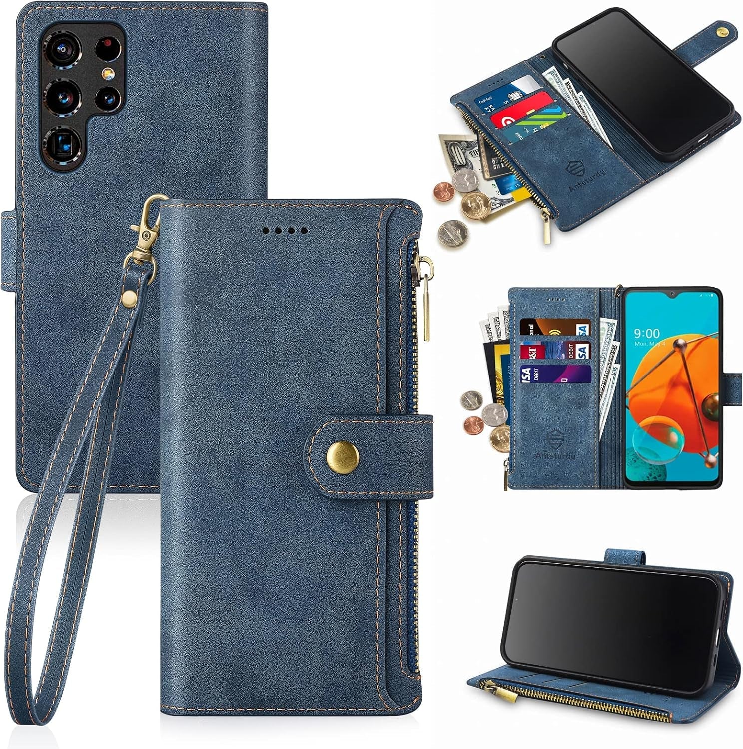 Antsturdy Samsung Galaxy S22 Ultra Wallet with Card Holder for Women Men,Galaxy S22 Ultra 5G Phone Case RFID Blocking PU Leather Flip Shockproof Cover with Strap Zipper Credit Card Slots,Dark Blue