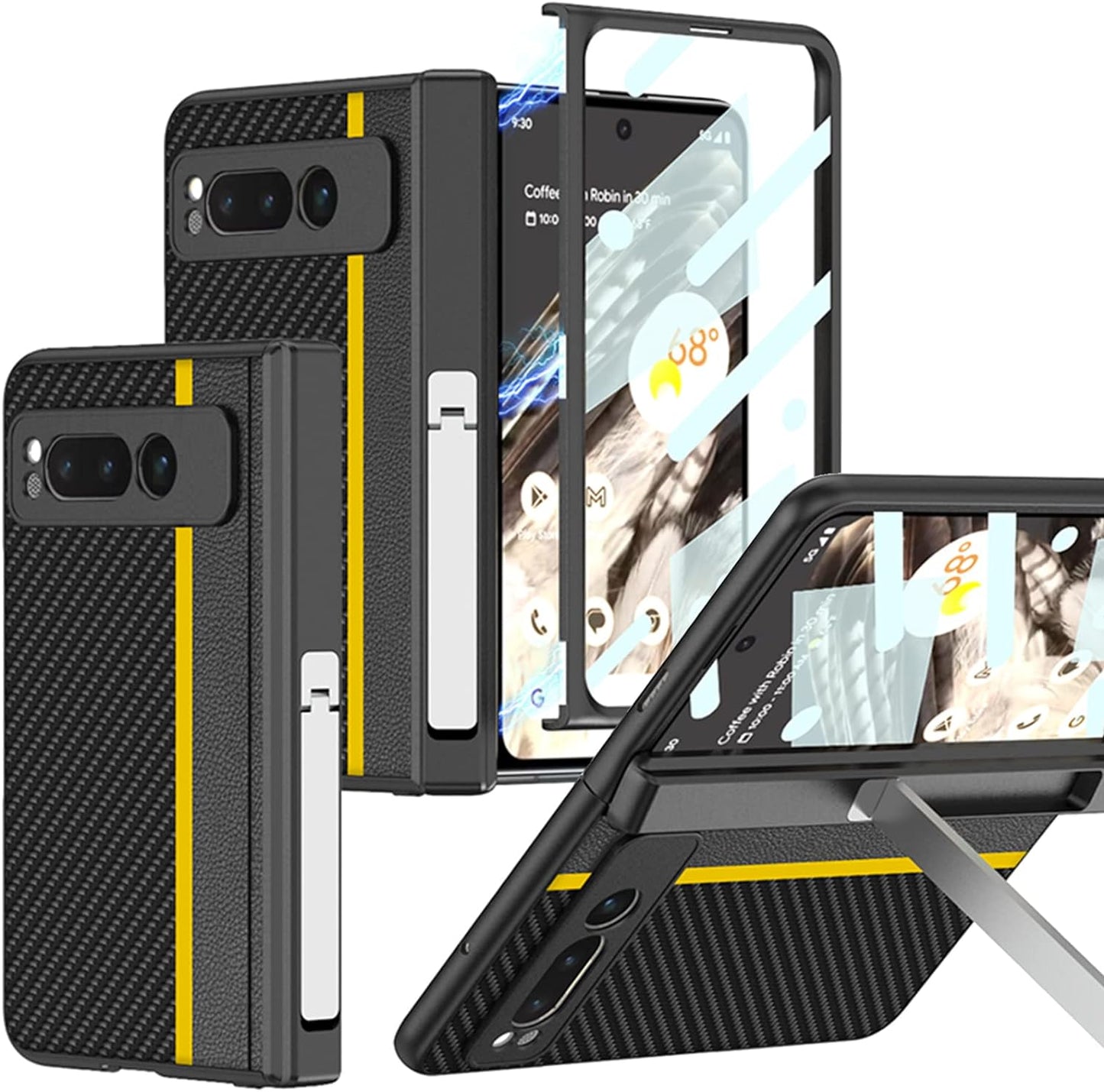Miimall Compatible for Google Pixel Fold Case, PC + PU Carbon Fiber Pattern [Ultra-Thin Lightweight] [Anti-Fingerprint Heat Dissipation] Anti-Scratch Protector Bumper Case for Pixel Fold, 5G(Black)  Miimall Yellow  