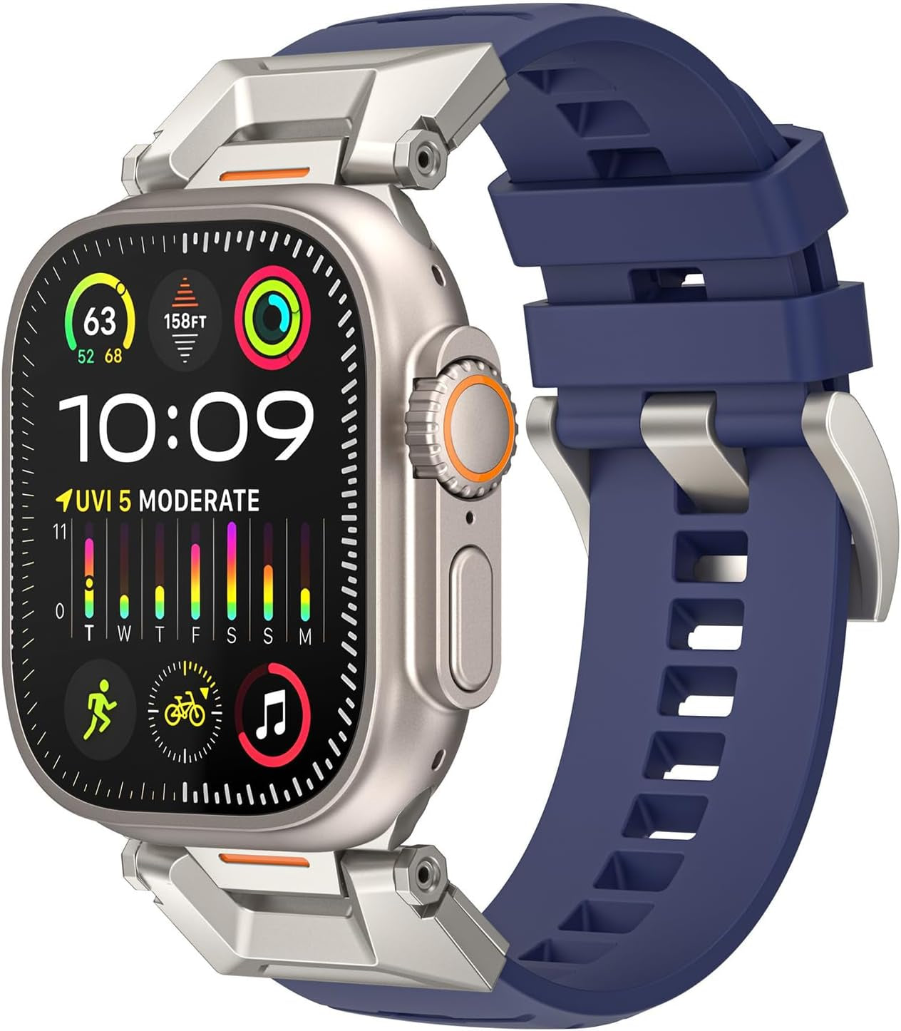 Fluororubber Sport Watch Band Compatible with Apple Watch Ultra 2/Ultra Band 49Mm 45Mm 44Mm 42Mm for Men, Rugged Strap with Stainless Steel Metal Connector for Watch Ultra Series SE 9 8 7 6 5 4 3