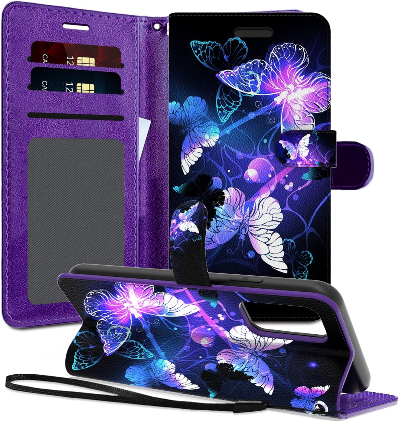 Encases Wallet Case with Hand Strap for Samsung A53 5G,PU Leather Clip Flip Phone Case Cover with ID Card,Credit Card Pocket Holder (Stand Feature),Purple Butterfly Case for Samsung Galaxy A53 5G 2022