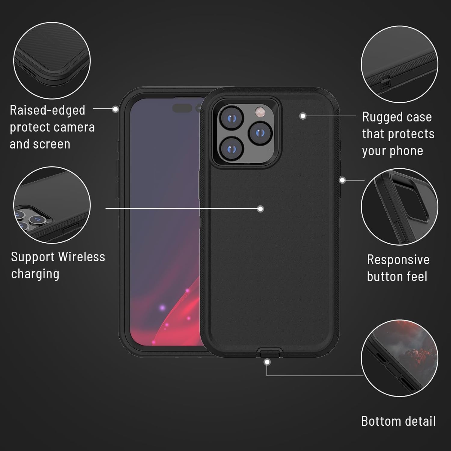 Pdxox Heavy Duty Case for Iphone 15 Pro Max,3-Layer Military Protection Drop Protective Shockproof Full Body Protection Wireless Charging Tough Case for Iphone 15 Pro Max (Black)  pdxox   