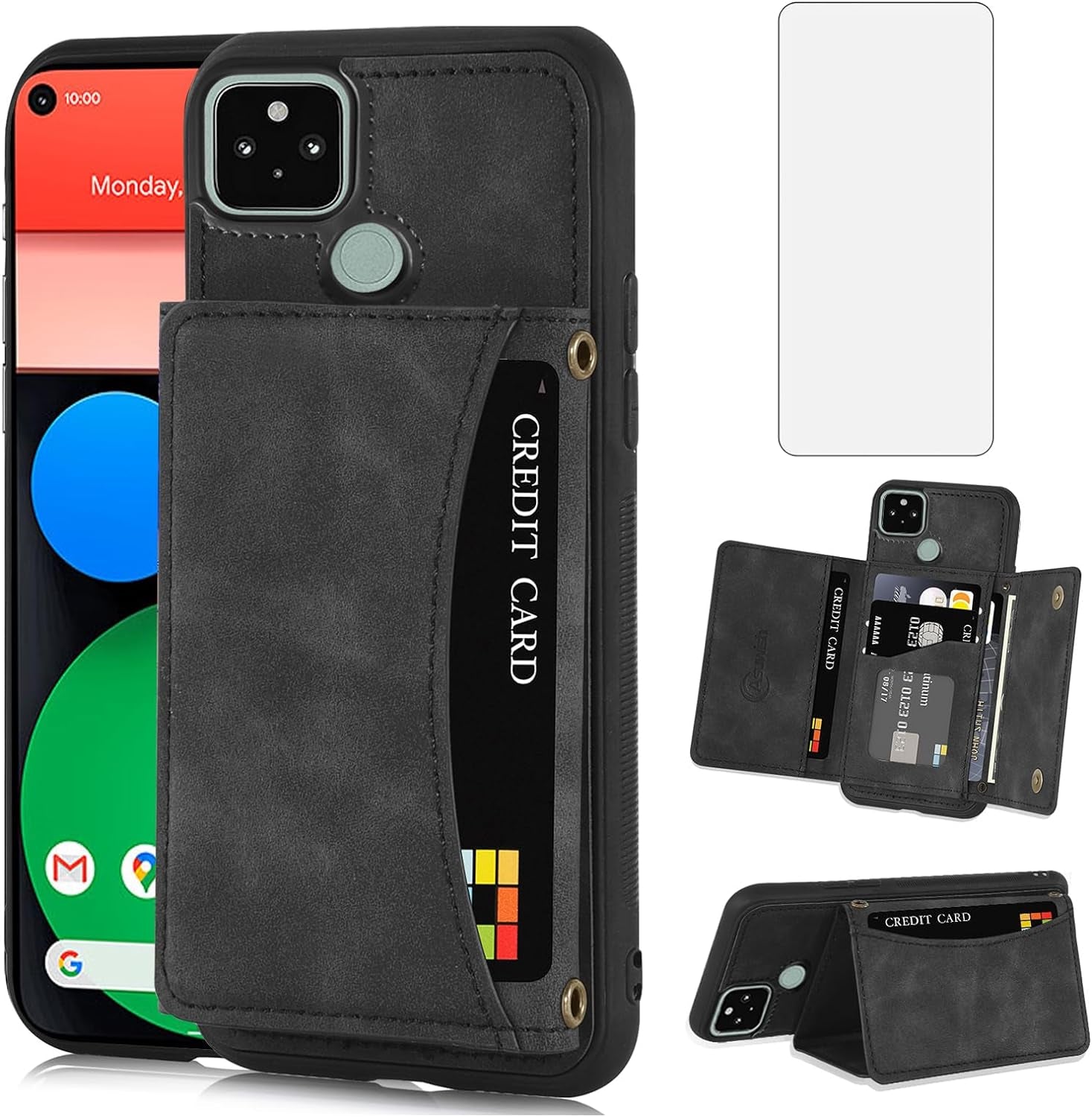 Asuwish Phone Case for Google Pixel 5 Wallet Cover with Tempered Glass Screen Protector and PU Leather Credit Card Holder Stand Rugged Mobile TPU Cell Accessories Pixel5 5G Pixle Five G5 Women Men Red  Asuwish Black For Pixel 5 / Pixel 5 5G 