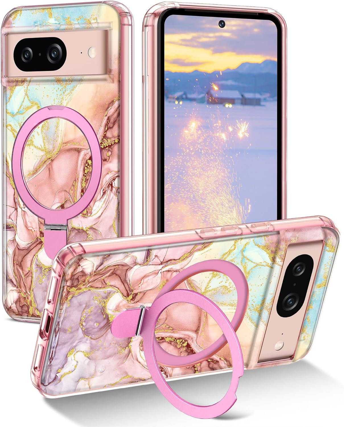 Lamcase Magnetic for Google Pixel 8 Case with Ring Stand [Compatible with Magsafe], Hard PC Slim Full Body Drop Protective Women Girls Men Phone Case for Google Pixel 8, Pink  Lamcase A-Rose Gold For Google Pixel 8, 6.2 Inch 