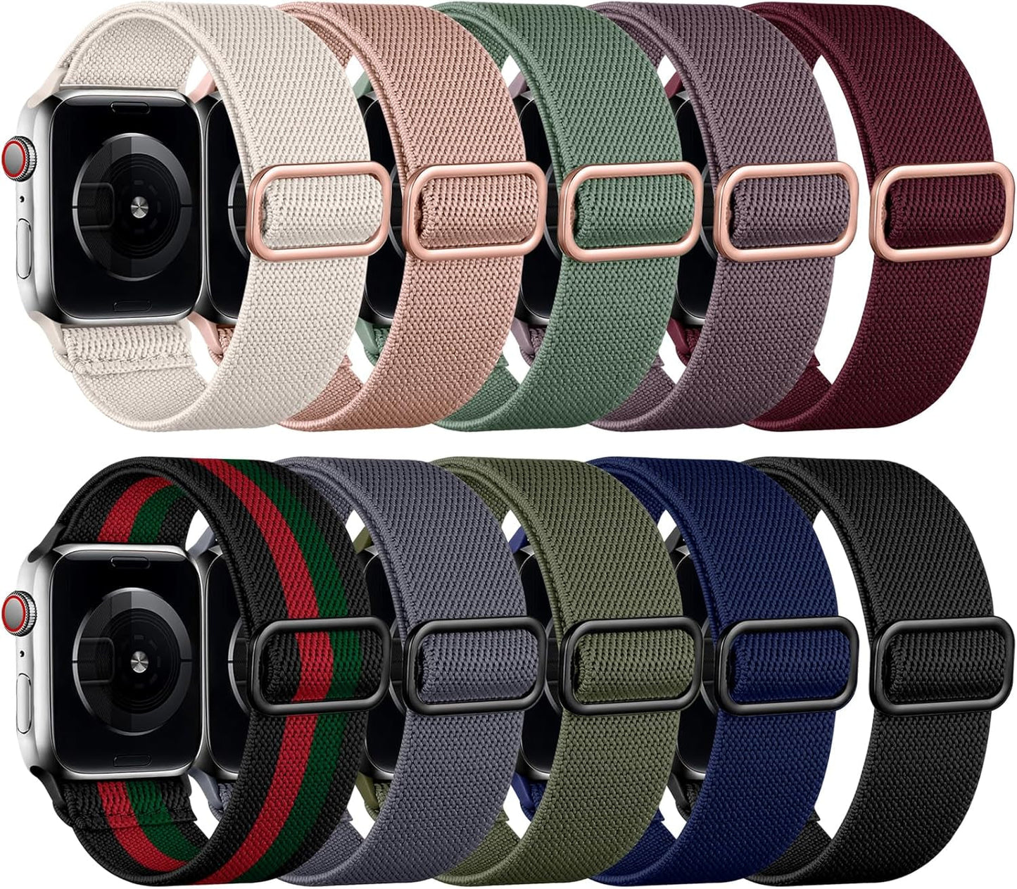 Daqin 10 Pack Stretchy Solo Loop Compatible with Apple Watch Band 38Mm 40Mm 41Mm 42Mm 44Mm 45Mm 49Mm Women Men, Soft Nylon Adjustable Elastic Braided Straps for Iwatch SE Series 9/8/7/6/5/4/3/2/1/Ultra/Ultra 2