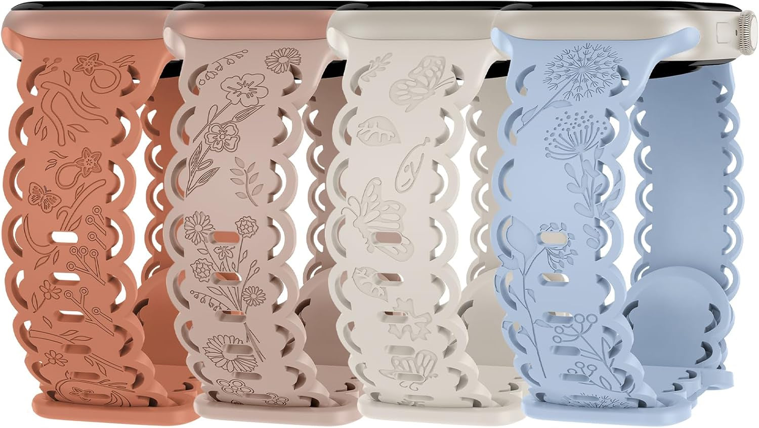 4 Pack Floral Engraved Silicone Bands Compatible with Apple Watch Band 38Mm 40Mm 41Mm 42Mm 44Mm 45Mm 49Mm Women, Soft Lace Cute Strap Flower Wristbands for Iwatch Series 9 8 7 6 5 4 3 2 1 SE Ultra