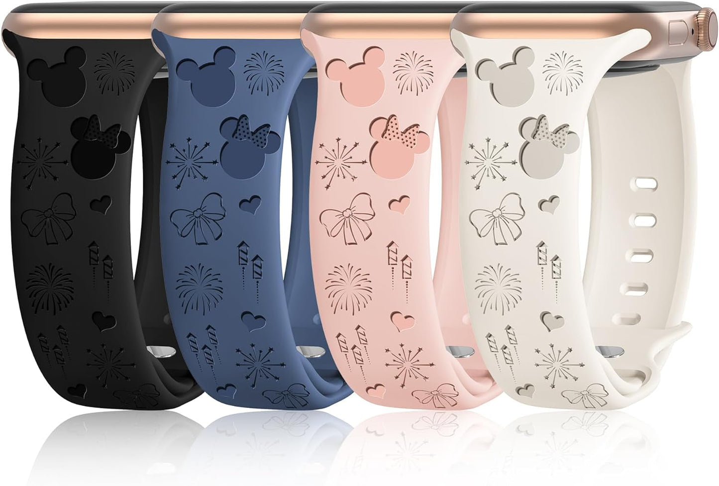 4 Pack Cartoon Engraved Bands Compatible with Apple Watch Band 40Mm 41Mm 38Mm 42Mm 44Mm 45Mm 49Mm Women,Soft Silicone Cute Designer Strap for Iwatch Bands Series SE 8 6 5 4 3 2 1 Ultra