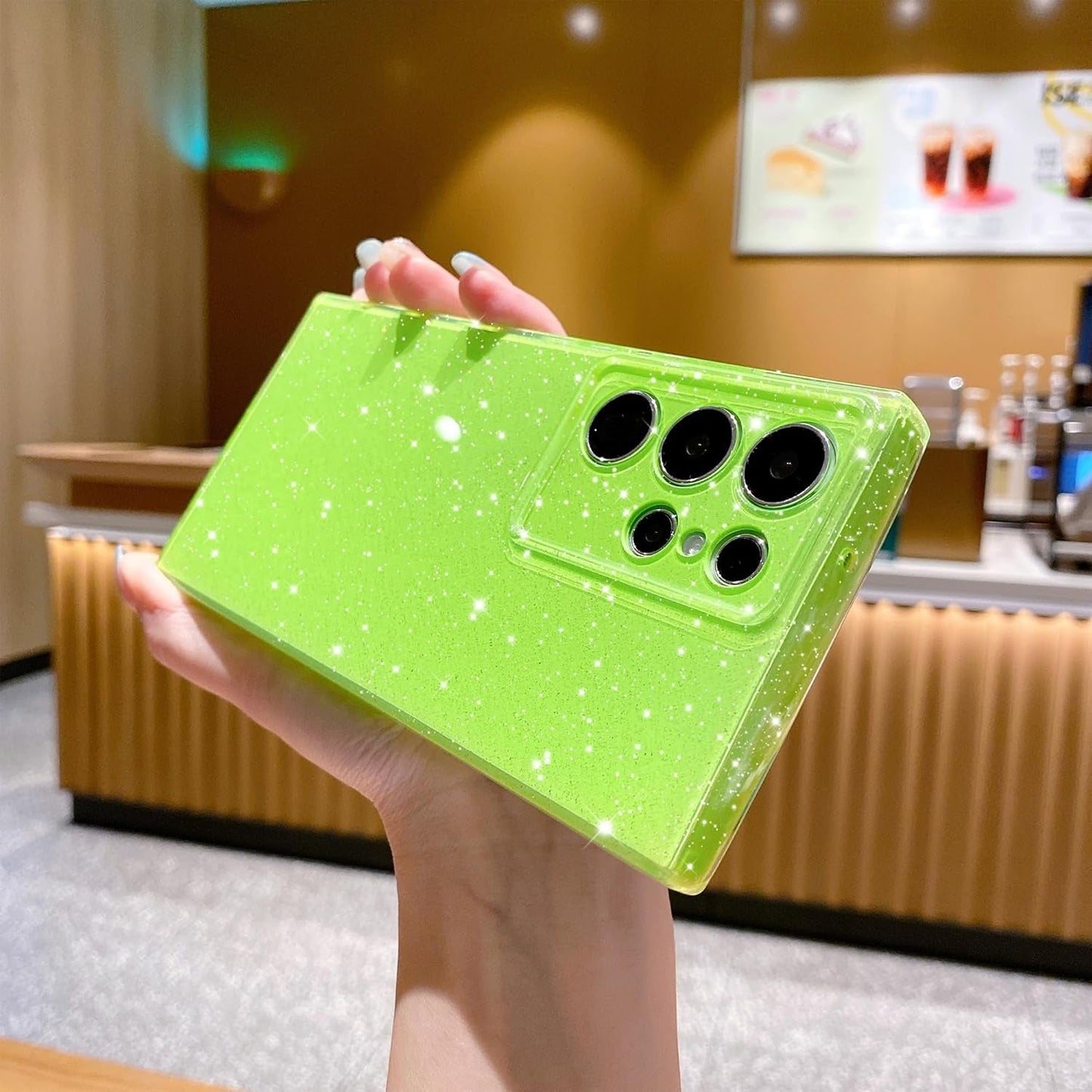 Cute Glitter Neon Case for Samsung Galaxy S22 Ultra Case, Slim Silicone Protective Sparkly Bling Phone Case for Women Girls (Bright Green)