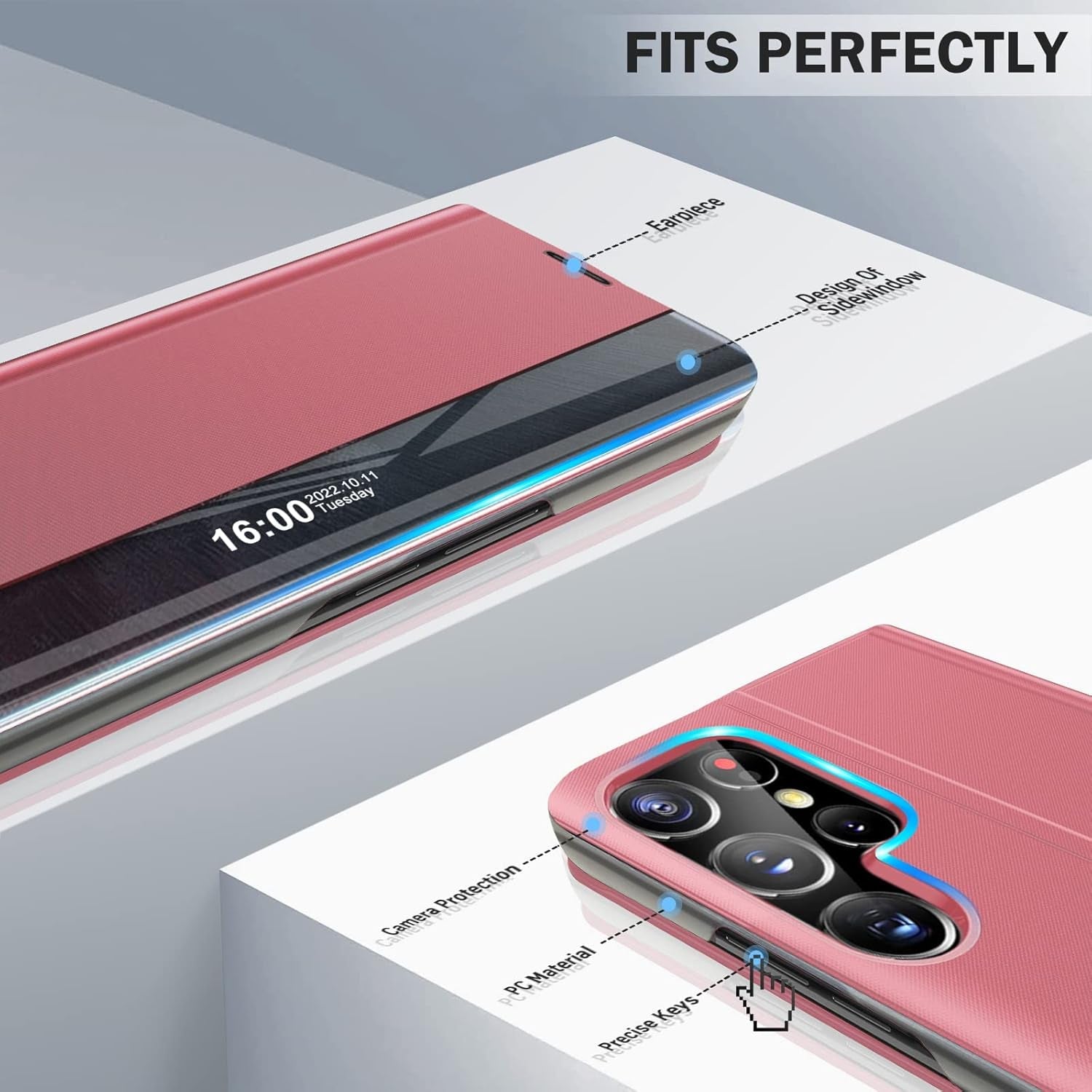 For Samsung Galaxy S22 Ultra 5G Case View Clear Window Leather for Samsung S22 Ultra Case Slim Mirror Hard PC Kickstand Luxury Flip Shockproof Galaxy S22 Ultra Cover Protective (Pink)