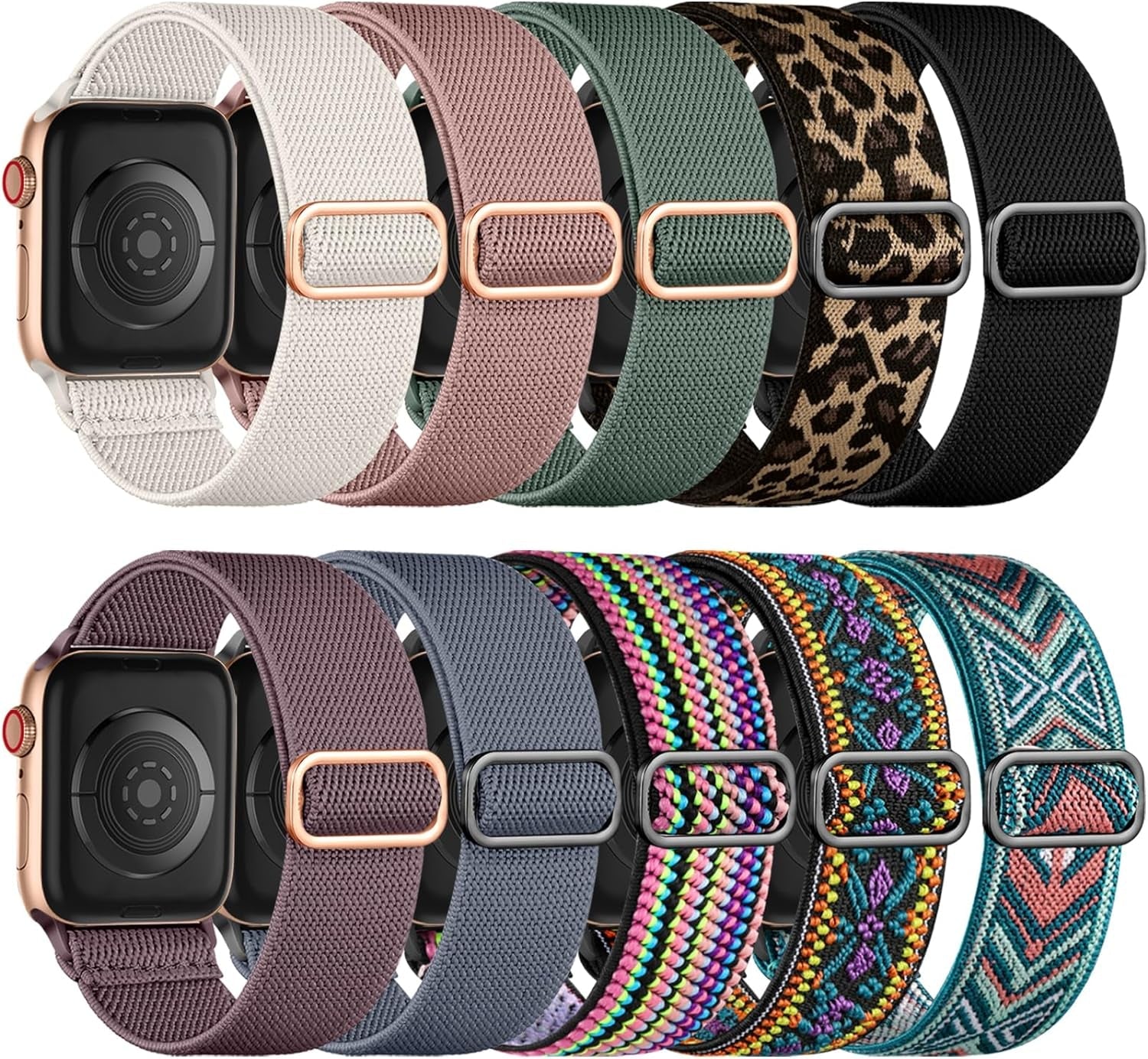 10 Pack Stretchy Nylon Solo Loop Bands Compatible with Apple Watch 49Mm 45Mm 44Mm 42Mm 41Mm 40Mm 38Mm for Men Women, Adjustable Soft Elastic Straps for Iwatch Ultra 2/Ultra Series 9/8/7/6/5/SE