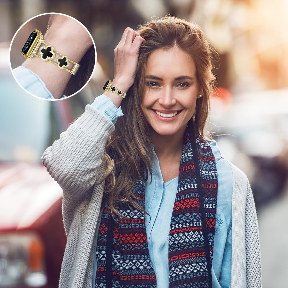 Diamond Metal Band Adds Sparkle to Your Watch - Compatible with Apple Watch Series 8/7/6/5/4/3/2/1Se/Ultra - Clover Is Simple and Stylish, Fits Women'S Sizes 38Mm 40Mm 41Mm 42Mm 44Mm 45Mm 49Mm.(Gold/Black, 42Mm/44Mm/45Mm)