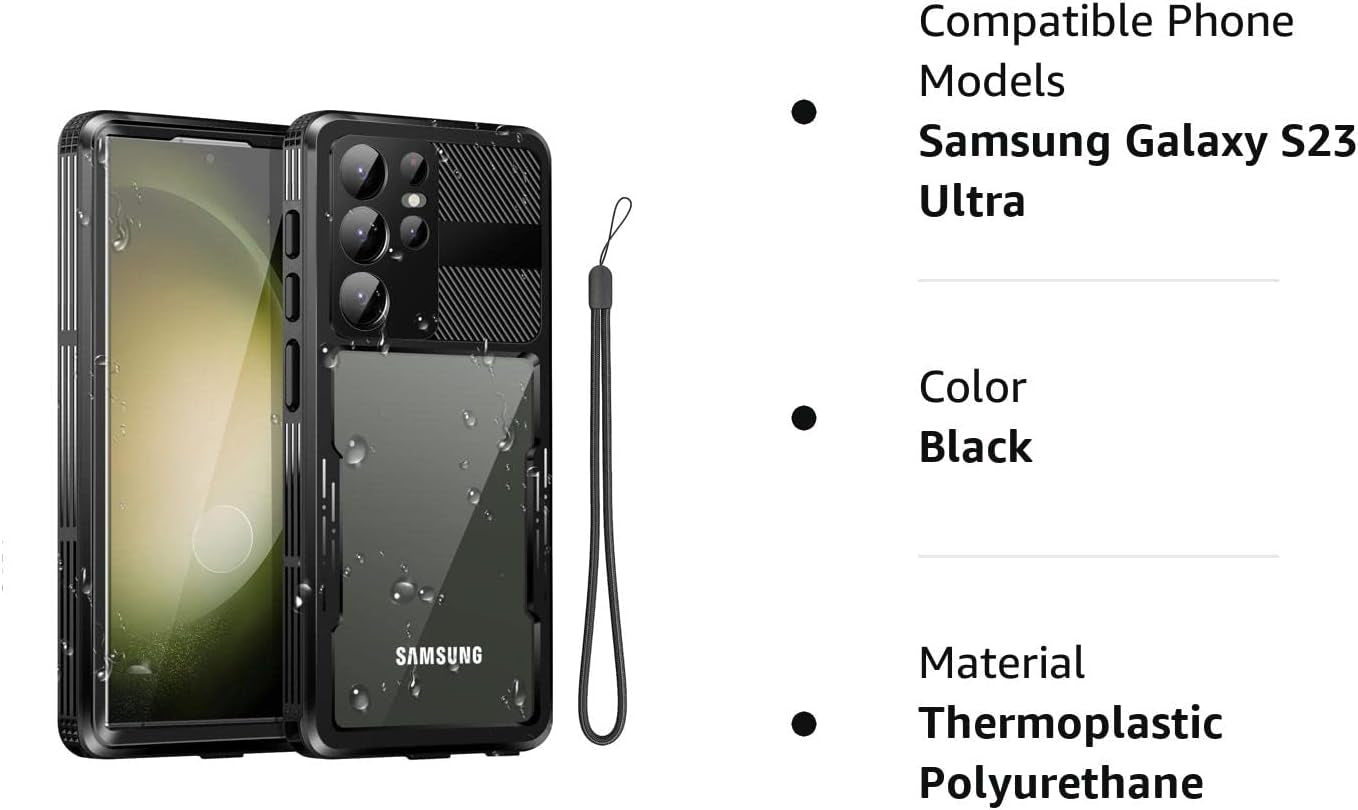 Aicase Galaxy S23 Ultra Waterproof Case - IP68 Certified, Shockproof, Magsafe Compatible, Wireless Charging - Black