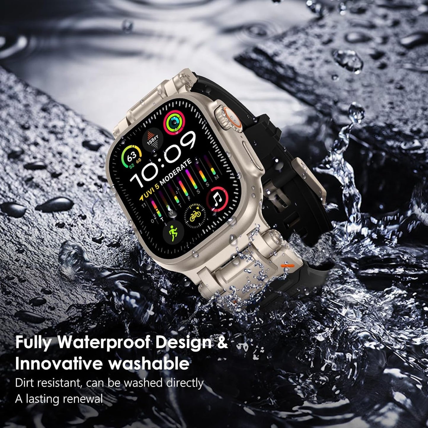 FULLIFE for Apple Watch Band for Apple Watch Ultra Band Apple Watch Ultra 2 49Mm for Men, Silicone Rubber Bands for Series 9/8/SE2/7/6/SE/5/4/3/2/1 45Mm 44Mm 42Mm Stainless Steel Metal Connector Band