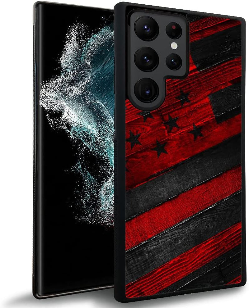 DJSOK Case Compatible with Samsung Galaxy S22 plus Case, Black Red Wood Grain American Flag Pattern Design Pattern Back+Soft Silicone Protective Case