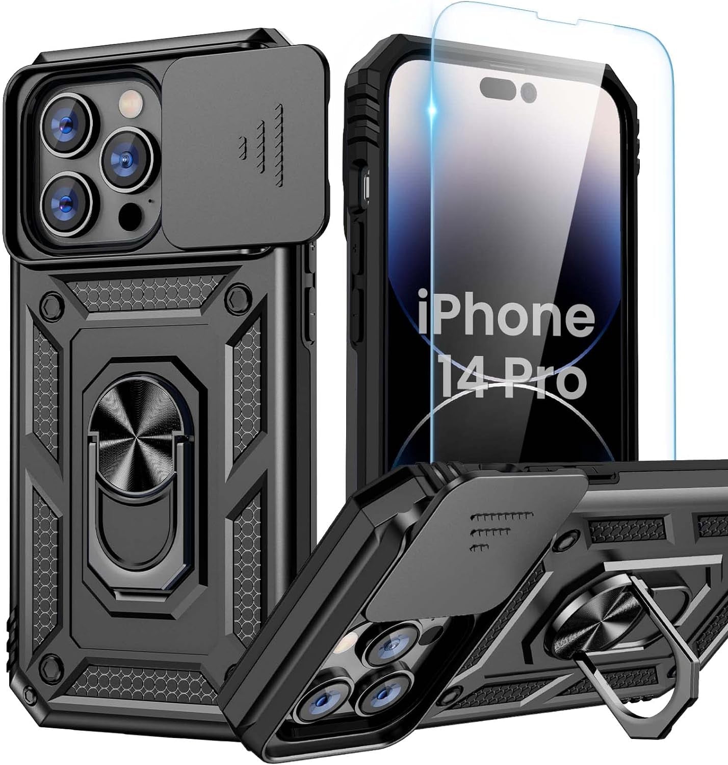 Goton for Iphone 14 Pro Case with Screen Protector - Slide Camera Cover Phone Case with Ring Stand, Heavy Duty Military Grade Shockproof Rugged Bumper for Iphone 14 Pro Accessories Dark Purple  Yin-Goton   