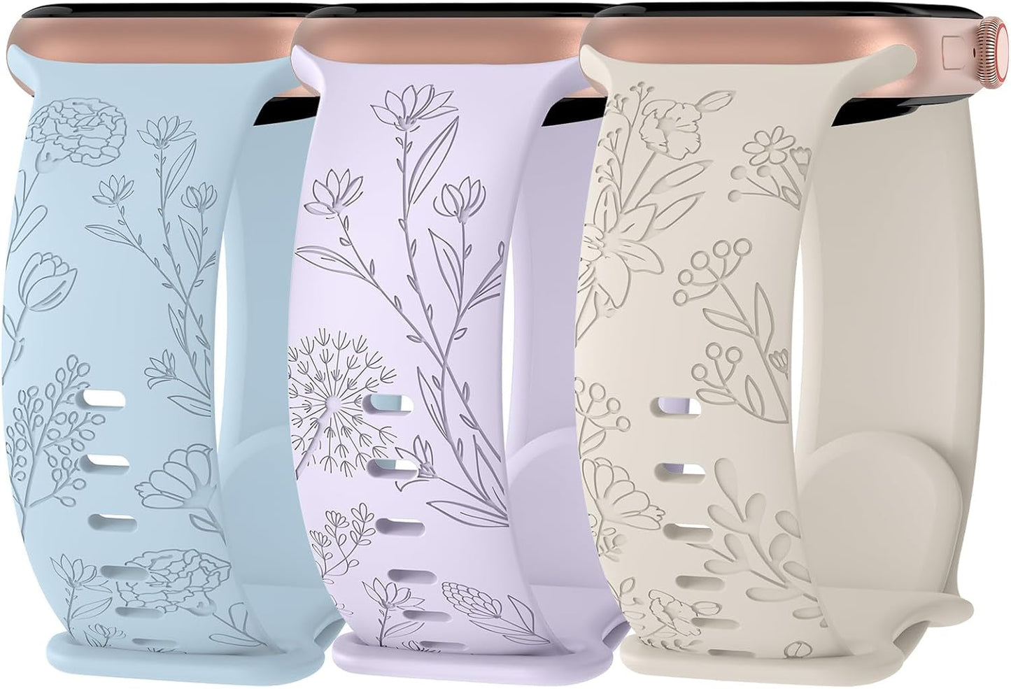3 Pack Floral Engraved Silicone Bands Compatible with Apple Watch Band 38Mm 40Mm 41Mm 42Mm 44Mm 45Mm 49Mm Women, Soft Sport Wildflower Strap for Iwatch Ultra Series 9 8 SE 7 6 5 4 3 2 1