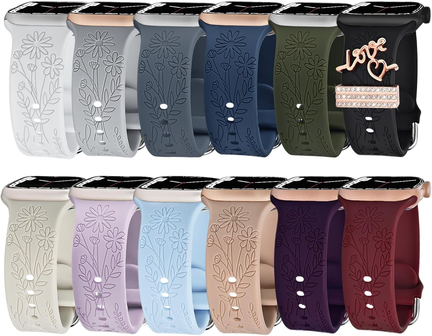 3 Pack Wildflower Engraved Bands Compatible with Apple Watch Band 40Mm 38Mm 41Mm 44Mm 42Mm 45Mm 49Mm Women, Floral Soft Silicone Sport Strap for Iwatch Bands Series SE 9 8 7 6 5 4 3 2 1 Ultra