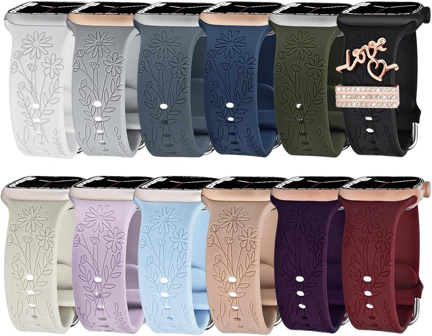 3 Pack Wildflower Engraved Bands Compatible with Apple Watch Band 40Mm 38Mm 41Mm 44Mm 42Mm 45Mm 49Mm Women, Floral Soft Silicone Sport Strap for Iwatch Bands Series SE 9 8 7 6 5 4 3 2 1 Ultra