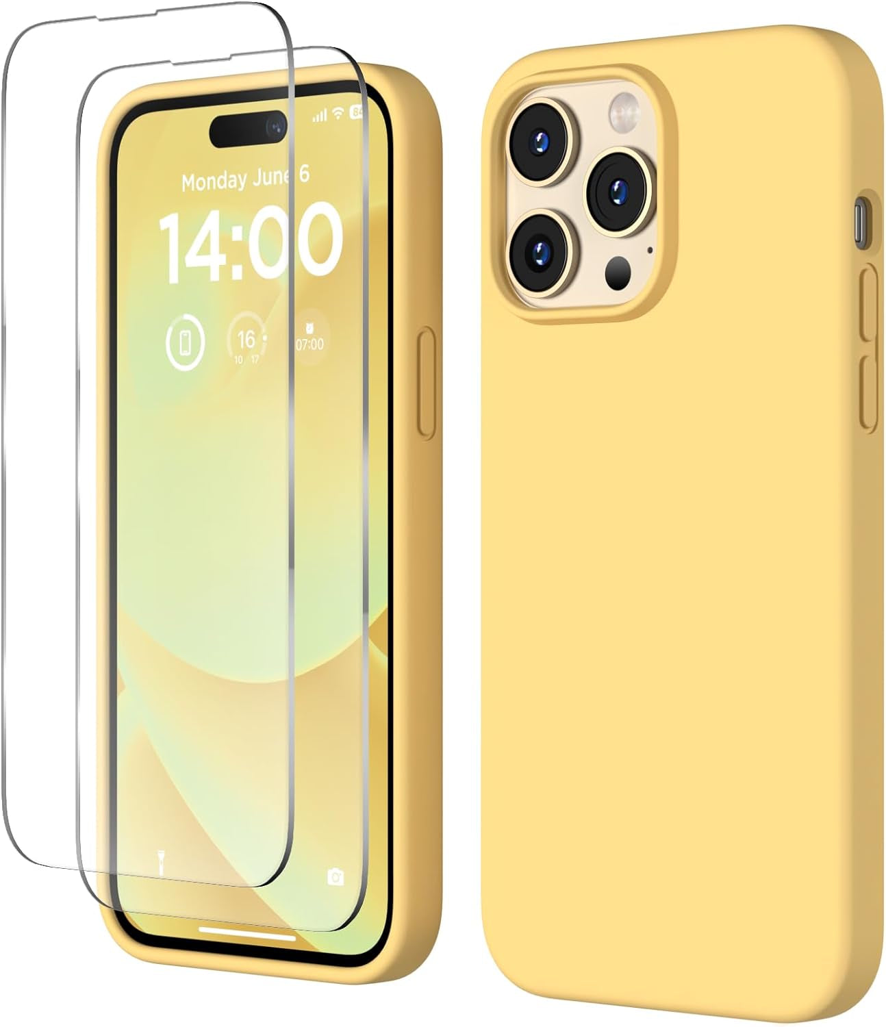 COFFKER Designed for Iphone 14 Pro Max Case, Liquid Silicone Case [2X Screen Protectors], Shockproof Slim Thin Protective Phone Case with Soft Anti-Scratch Microfiber Lining, 6.7 Inch, Calke Green  COFFKER Yellow  